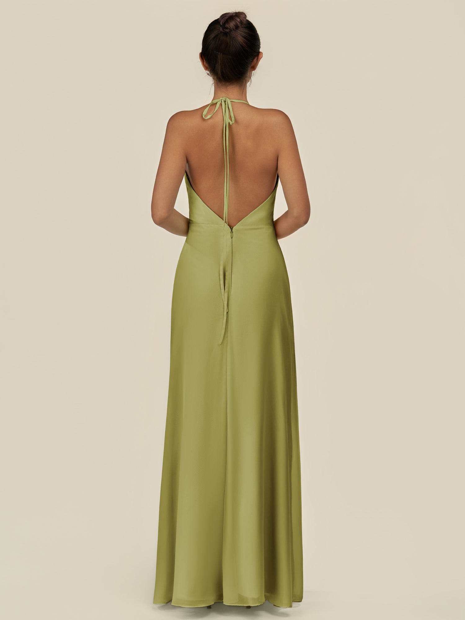 KissDress-Caris Moss Green A Line Chiffon Halter Neck Pleated Long Bridesmaid Dress with Slit
