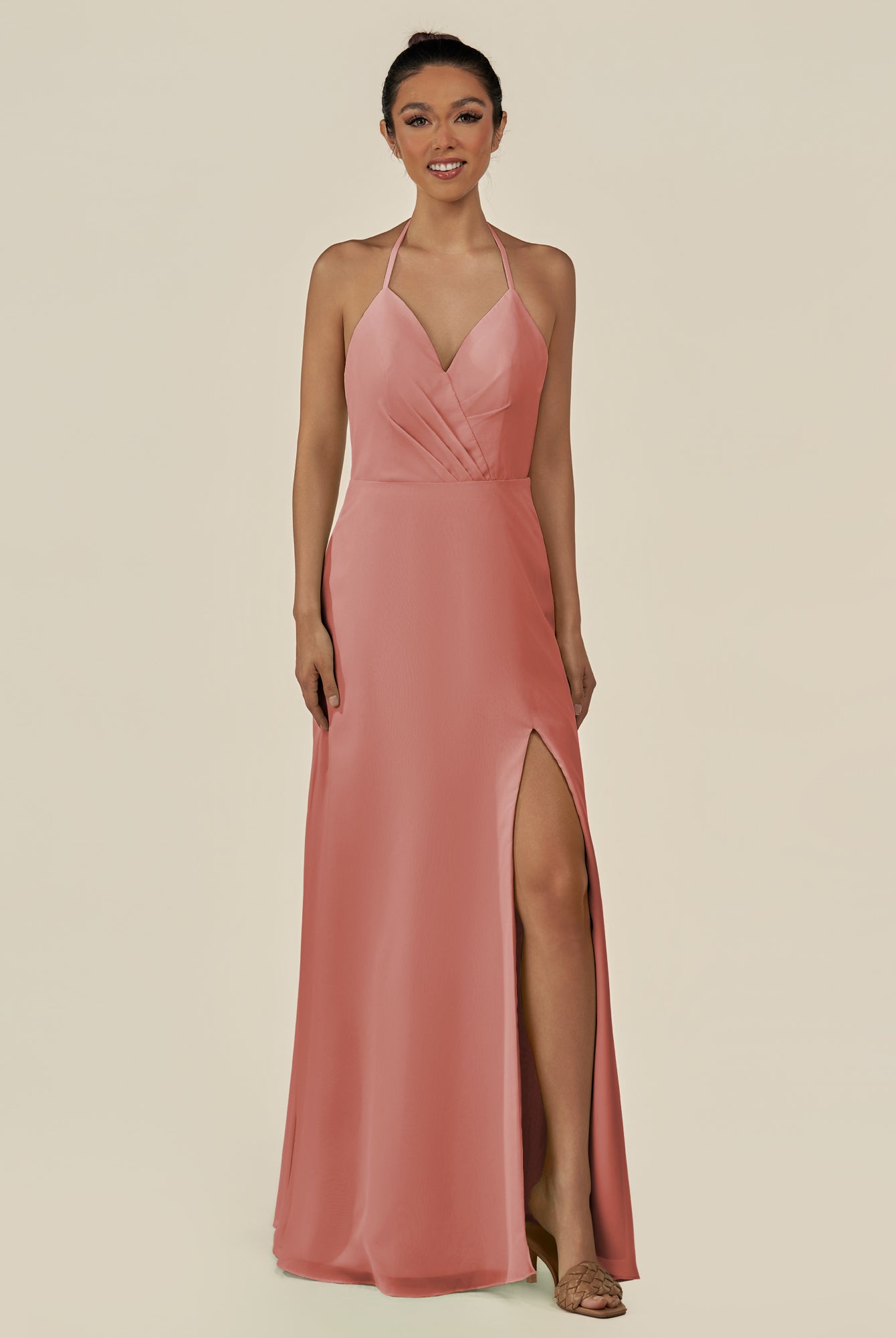 KissDress-Caris Mulberry A Line Chiffon Halter Neck Pleated Long Bridesmaid Dress with Slit