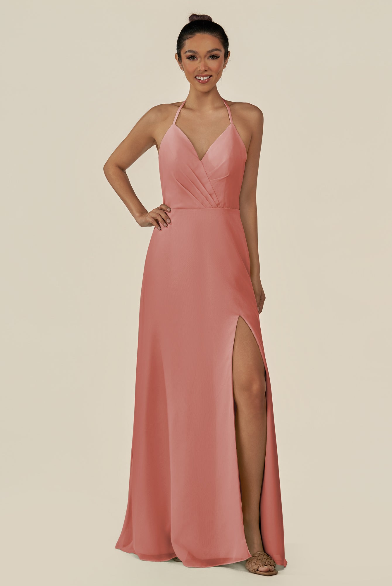 KissDress-Caris Mulberry A Line Chiffon Halter Neck Pleated Long Bridesmaid Dress with Slit