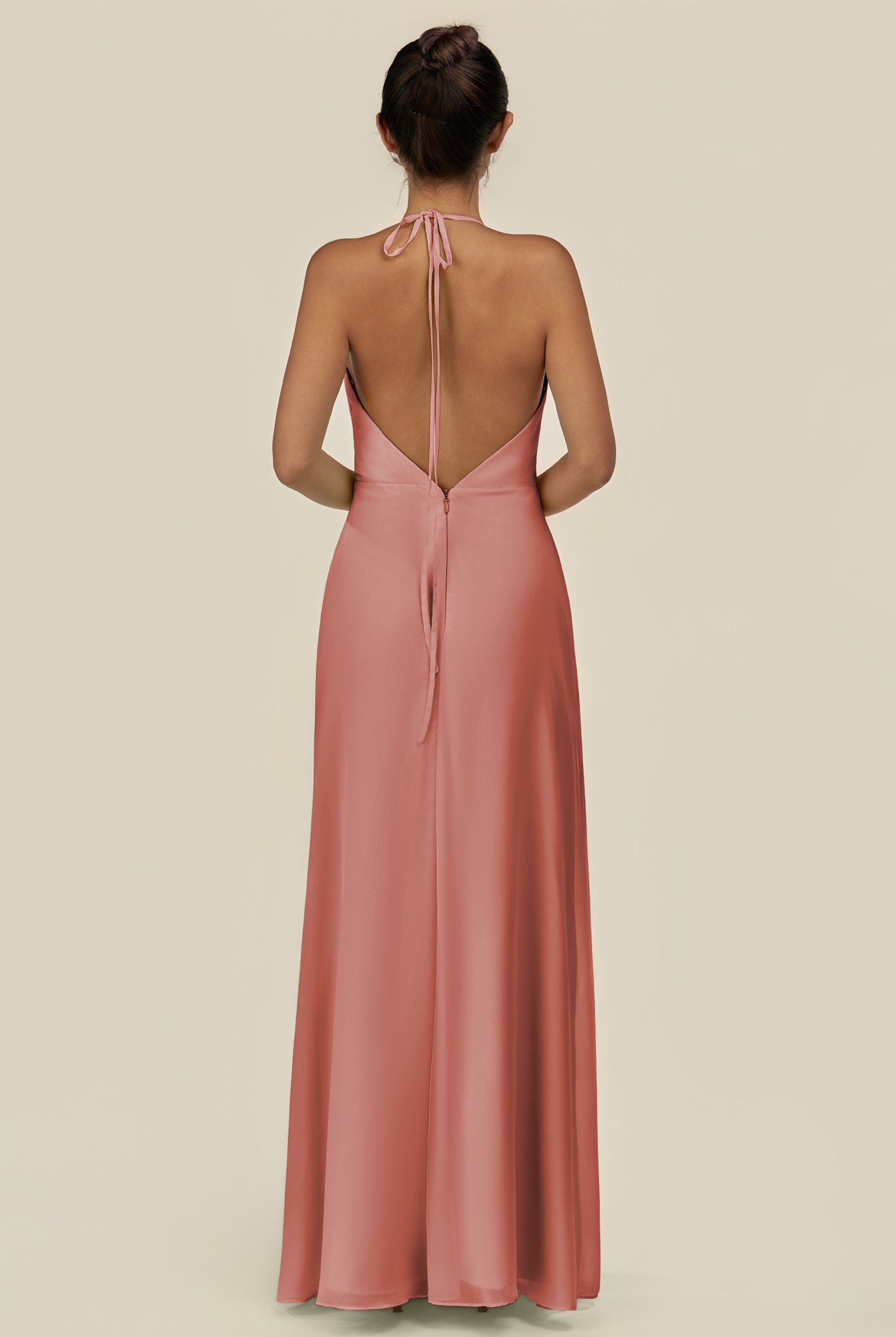KissDress-Caris Mulberry A Line Chiffon Halter Neck Pleated Long Bridesmaid Dress with Slit