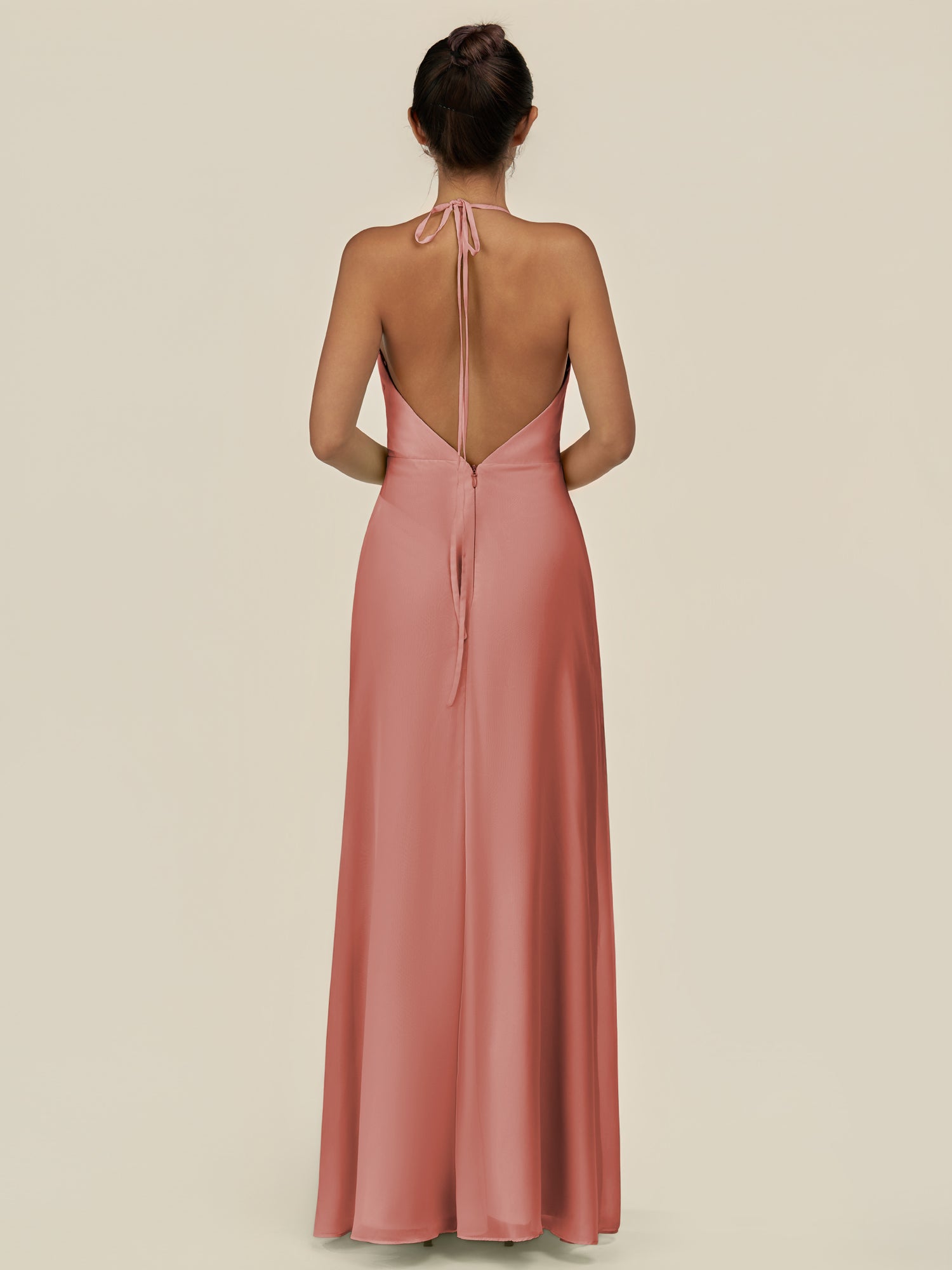 KissDress-Caris Mulberry A Line Chiffon Halter Neck Pleated Long Bridesmaid Dress with Slit