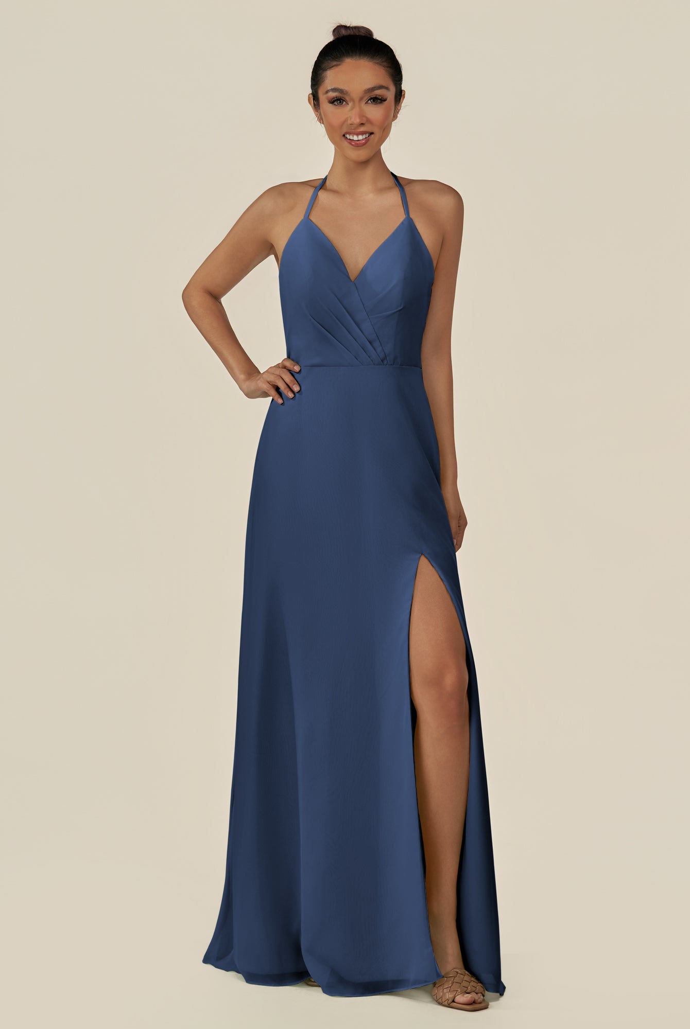 KissDress-Caris Navy A Line Chiffon Halter Neck Pleated Long Bridesmaid Dress with Slit