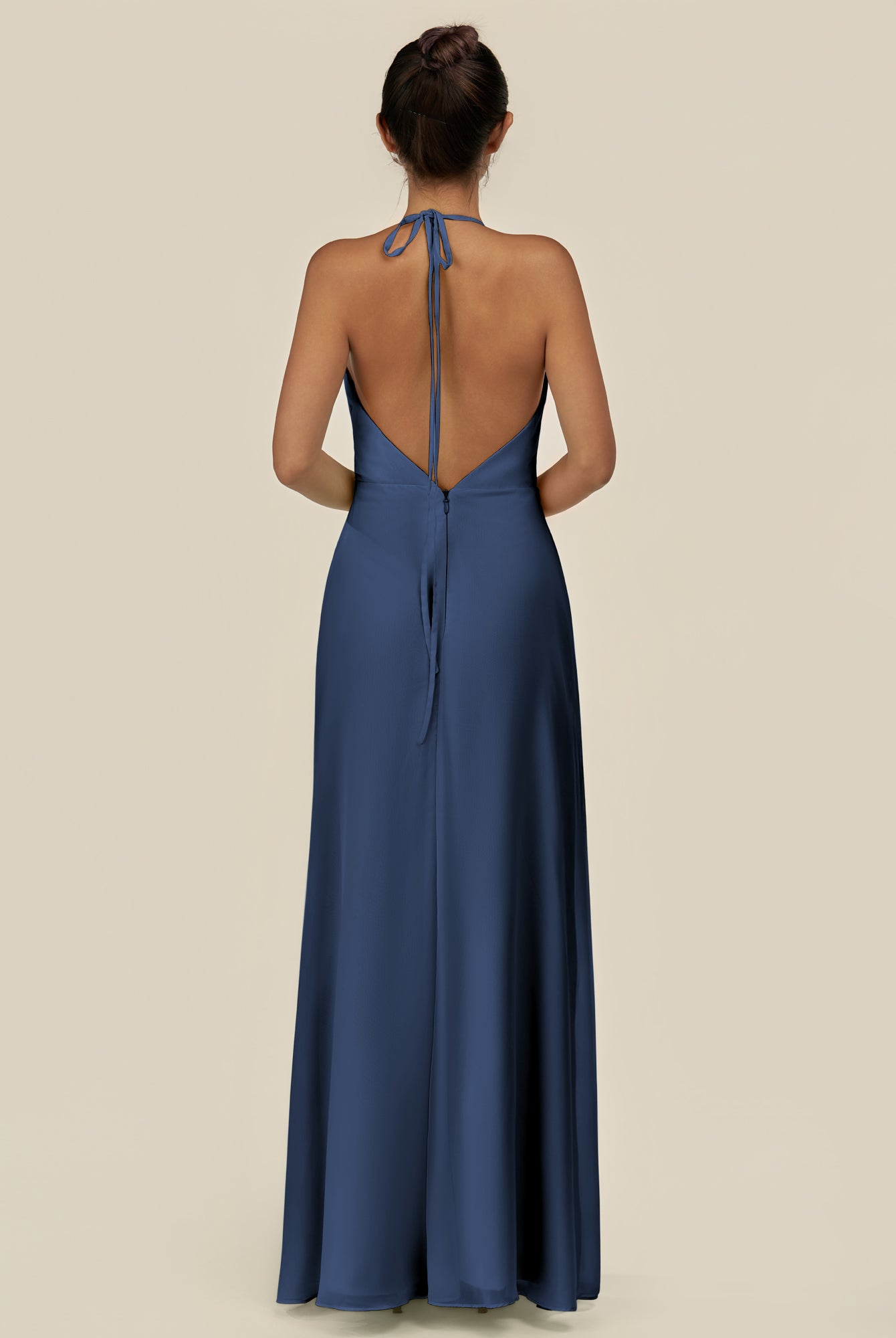 KissDress-Caris Navy A Line Chiffon Halter Neck Pleated Long Bridesmaid Dress with Slit