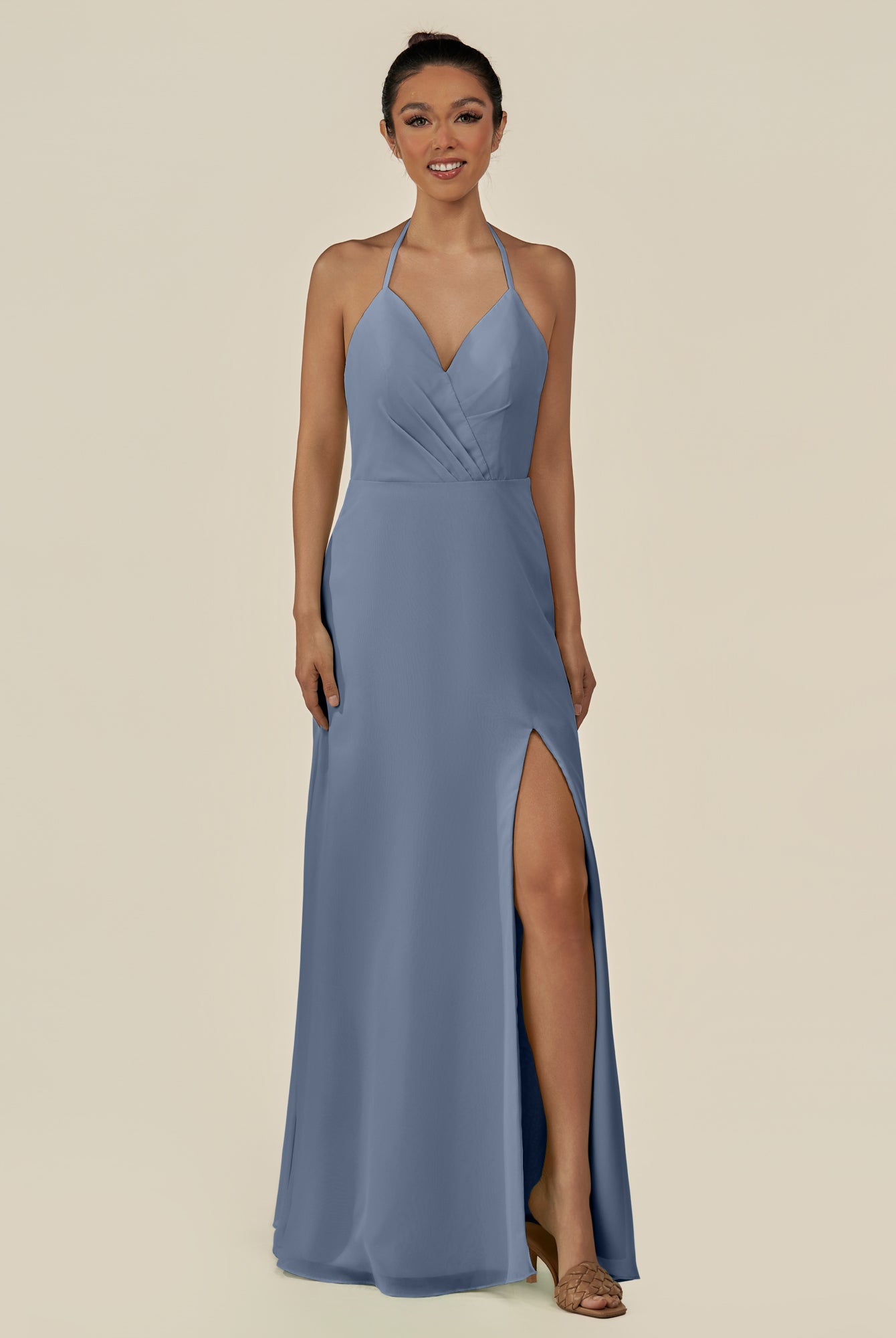 KissDress-Caris Neptune A Line Chiffon Halter Neck Pleated Long Bridesmaid Dress with Slit