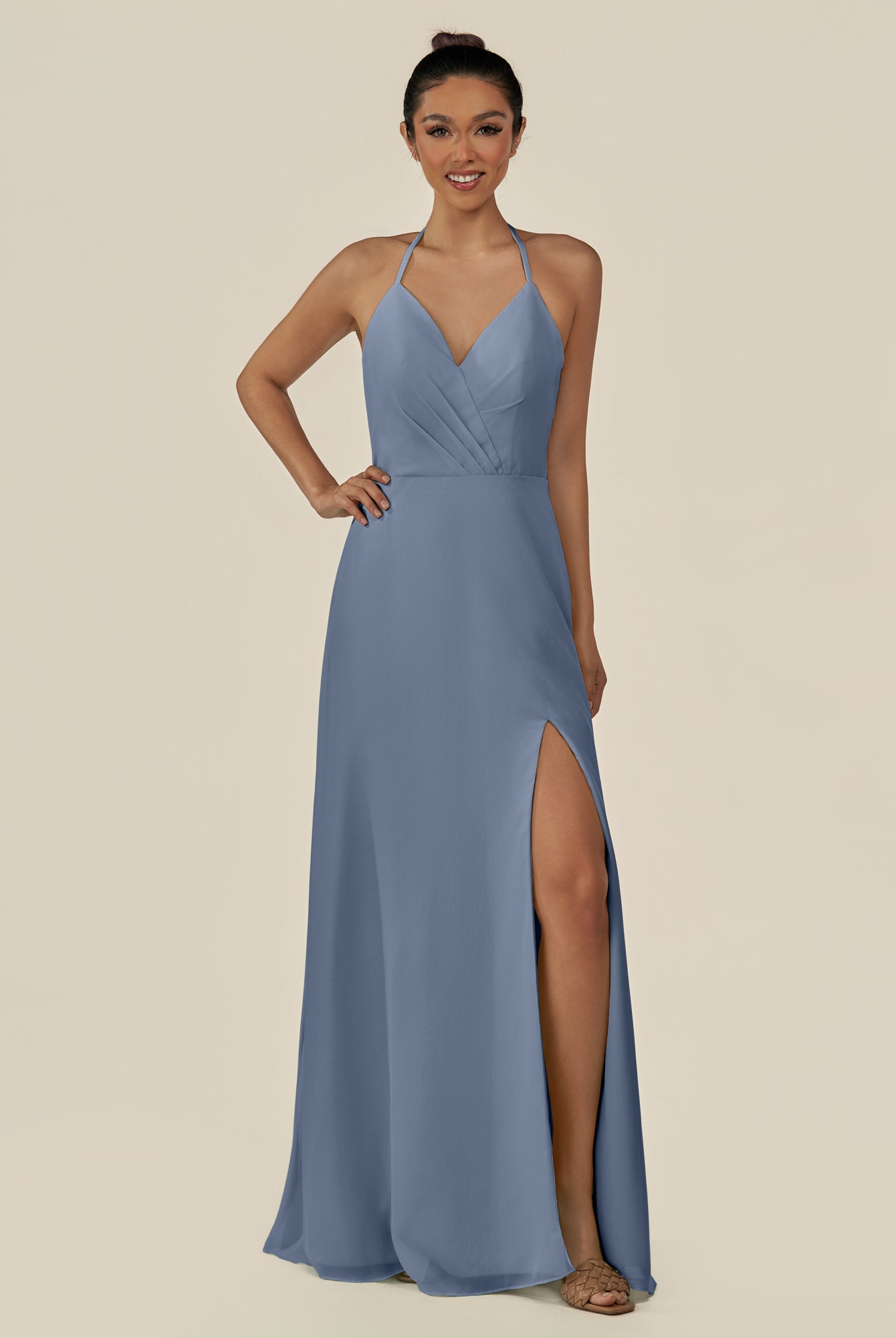 KissDress-Caris Neptune A Line Chiffon Halter Neck Pleated Long Bridesmaid Dress with Slit