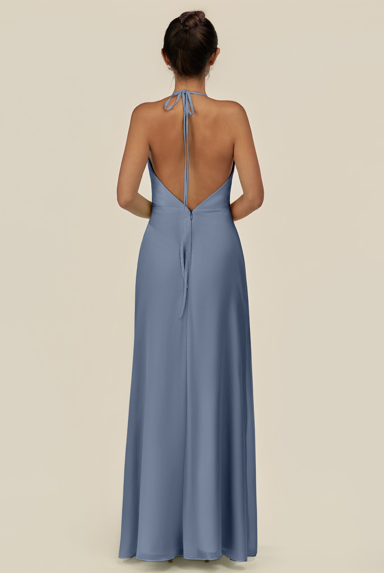 KissDress-Caris Neptune A Line Chiffon Halter Neck Pleated Long Bridesmaid Dress with Slit