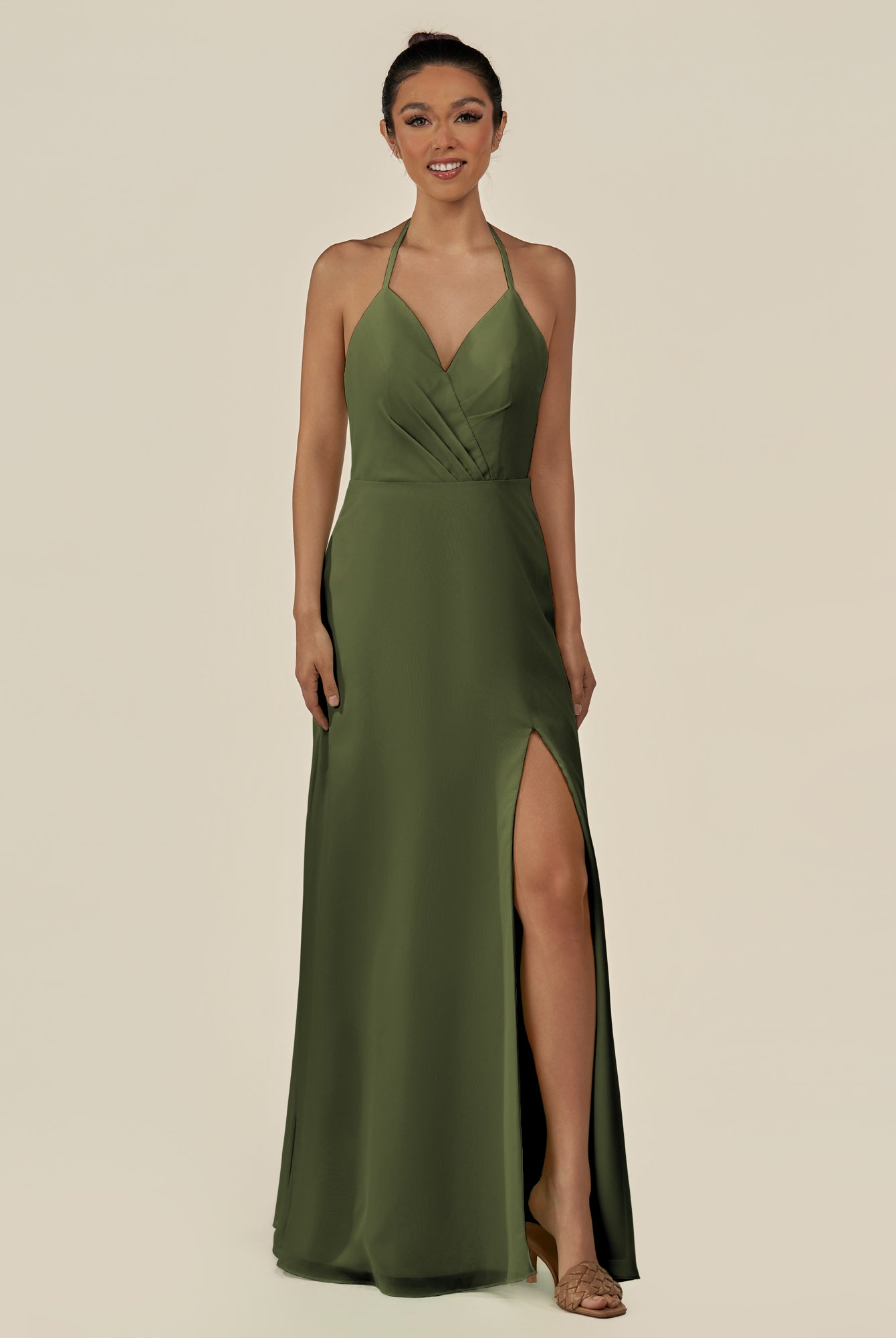 KissDress-Caris Olive A Line Chiffon Halter Neck Pleated Long Bridesmaid Dress with Slit