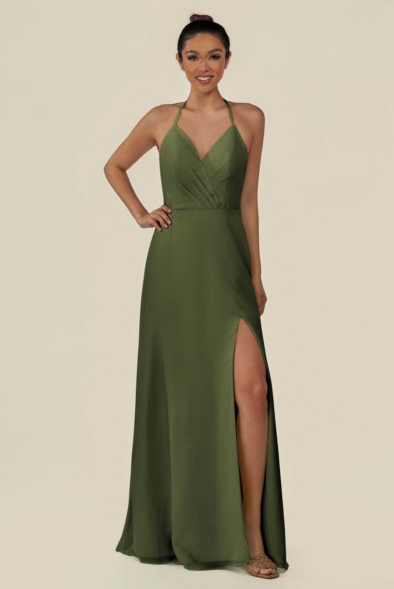 KissDress-Caris Olive A Line Chiffon Halter Neck Pleated Long Bridesmaid Dress with Slit