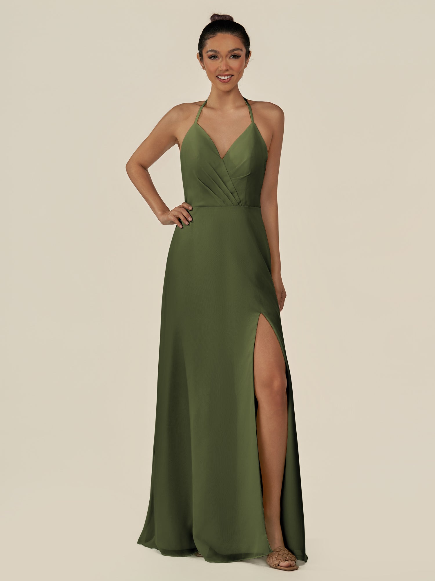 KissDress-Caris Olive A Line Chiffon Halter Neck Pleated Long Bridesmaid Dress with Slit