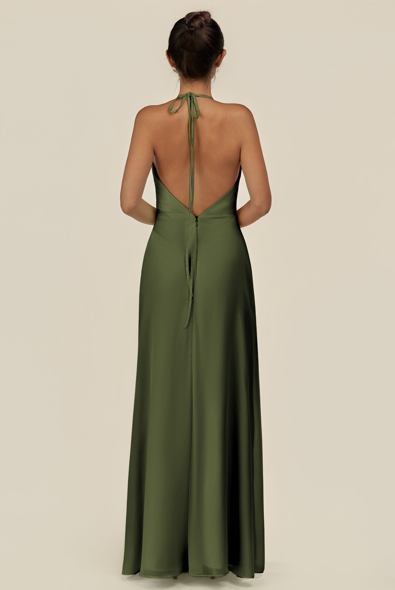 KissDress-Caris Olive A Line Chiffon Halter Neck Pleated Long Bridesmaid Dress with Slit