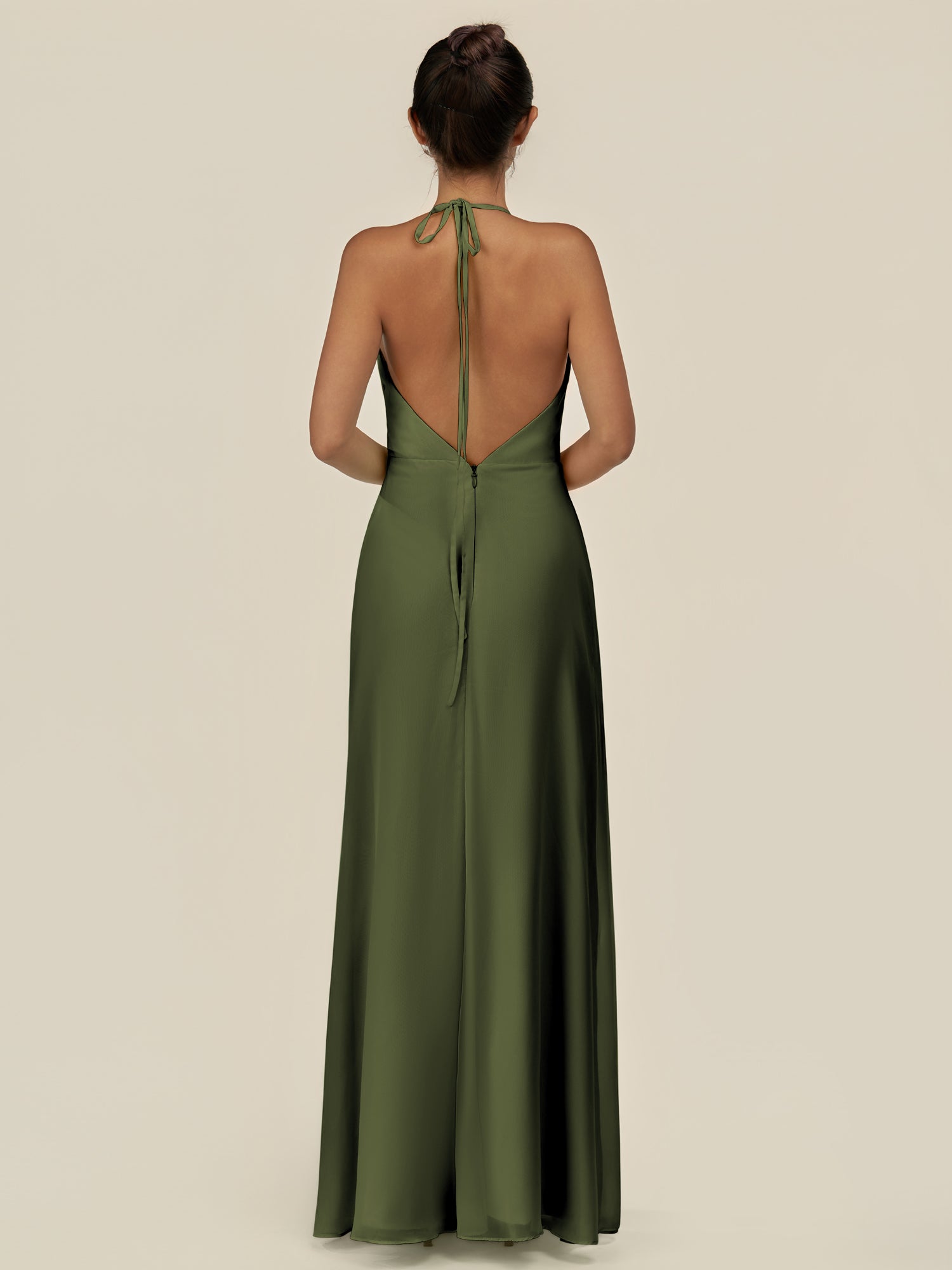 KissDress-Caris Olive A Line Chiffon Halter Neck Pleated Long Bridesmaid Dress with Slit