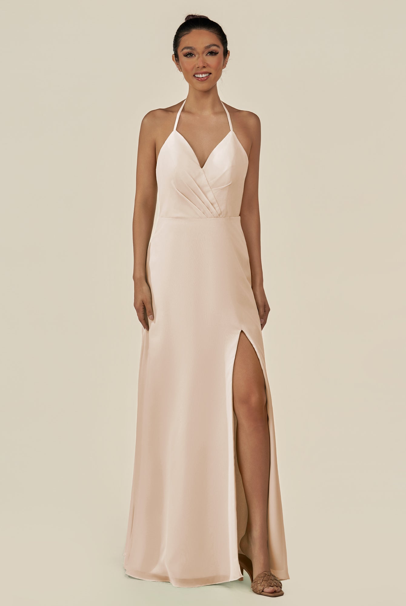 KissDress-Caris Pale Blush A Line Chiffon Halter Neck Pleated Long Bridesmaid Dress with Slit