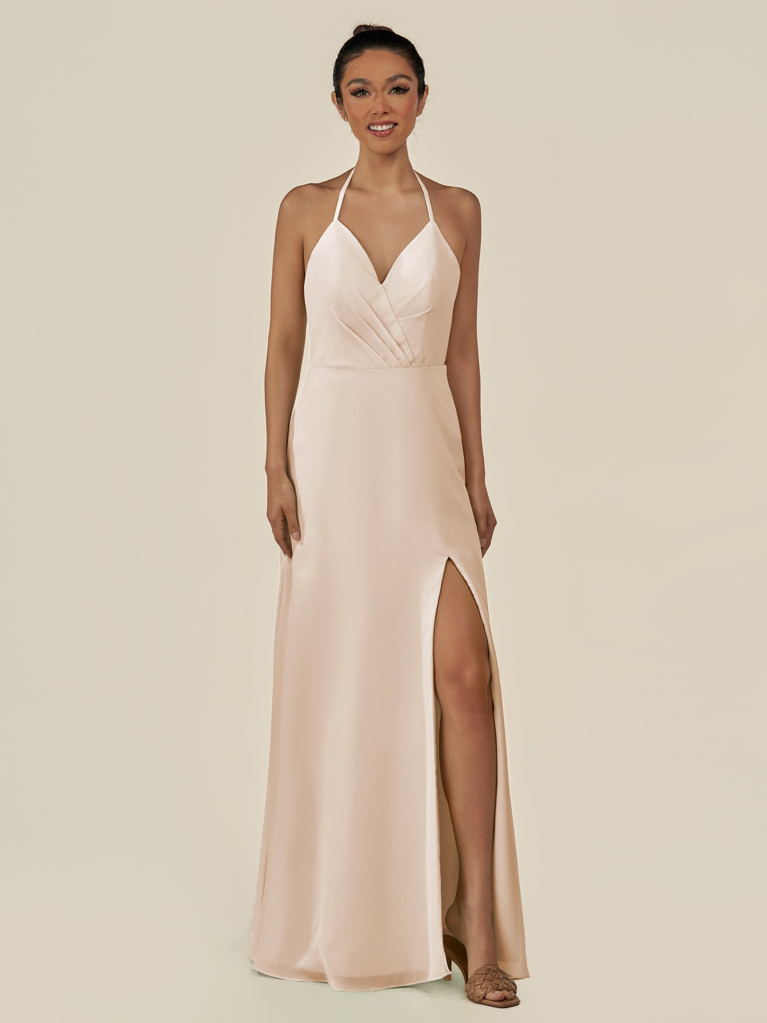 KissDress-Caris Pale Blush A Line Chiffon Halter Neck Pleated Long Bridesmaid Dress with Slit