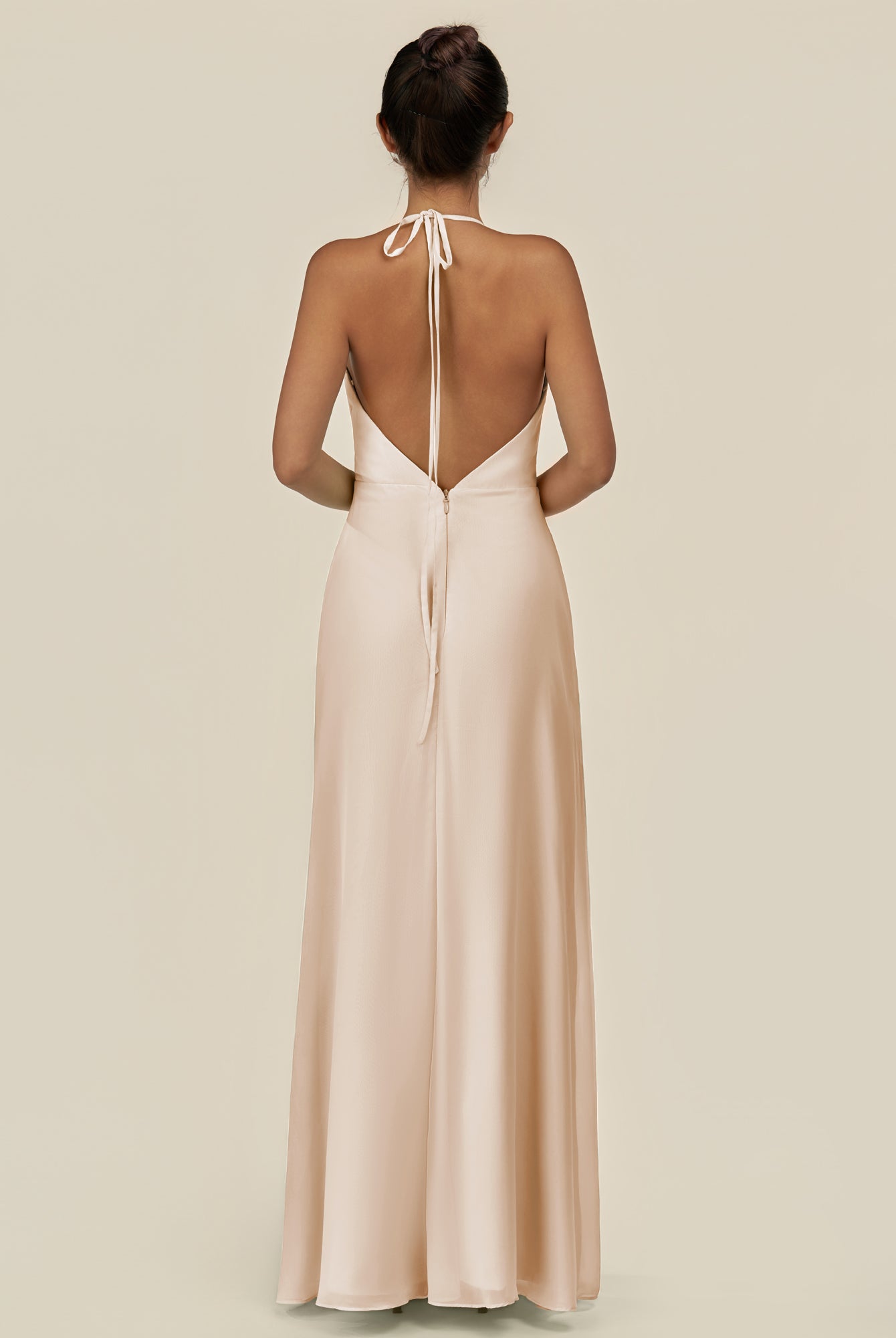 KissDress-Caris Pale Blush A Line Chiffon Halter Neck Pleated Long Bridesmaid Dress with Slit