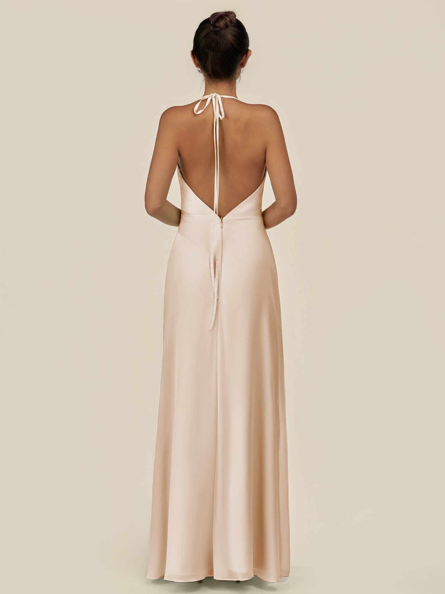 KissDress-Caris Pale Blush A Line Chiffon Halter Neck Pleated Long Bridesmaid Dress with Slit