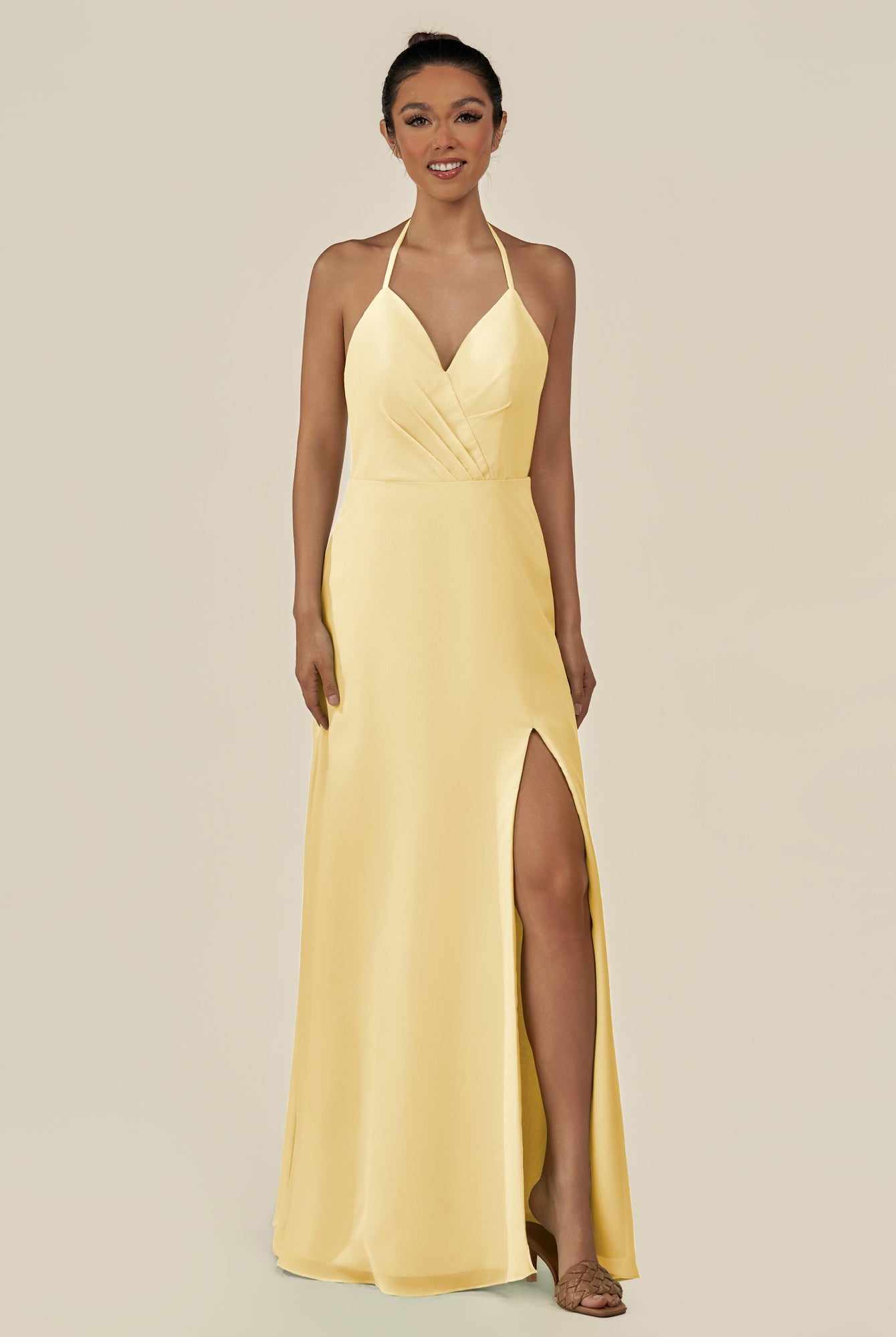 KissDress-Caris Pastel Yellow A Line Chiffon Halter Neck Pleated Long Bridesmaid Dress with Slit