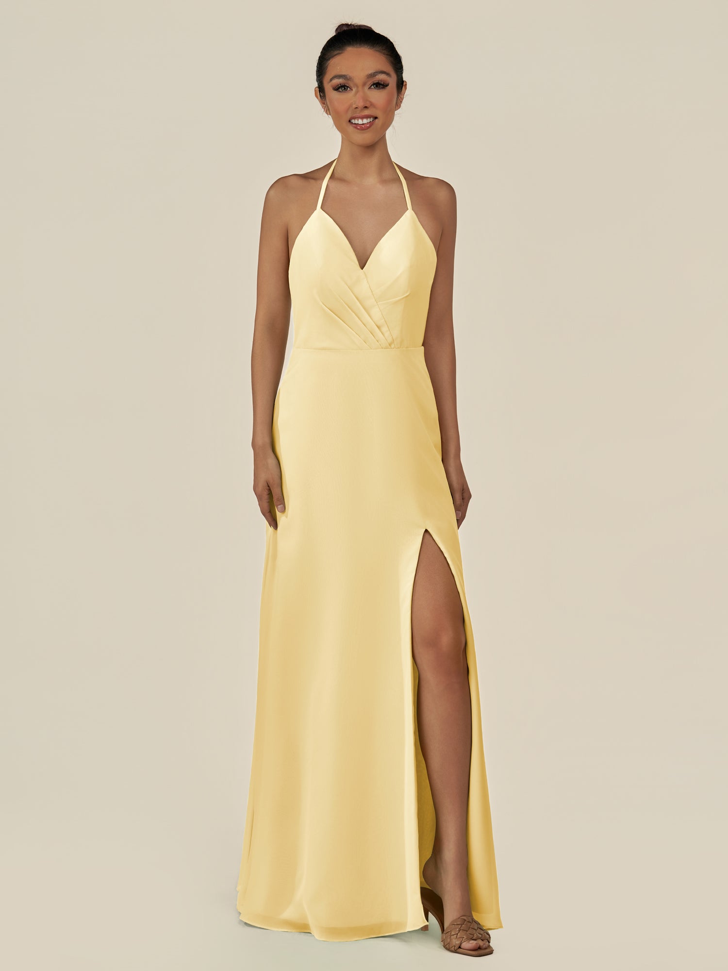 KissDress-Caris Pastel Yellow A Line Chiffon Halter Neck Pleated Long Bridesmaid Dress with Slit