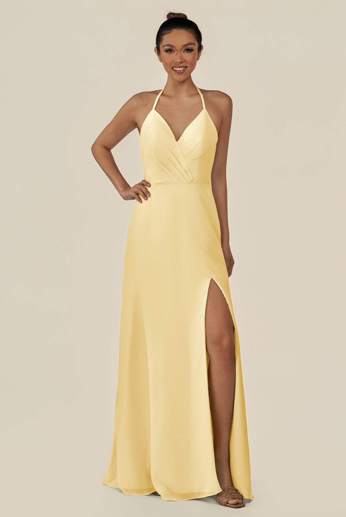 KissDress-Caris Pastel Yellow A Line Chiffon Halter Neck Pleated Long Bridesmaid Dress with Slit