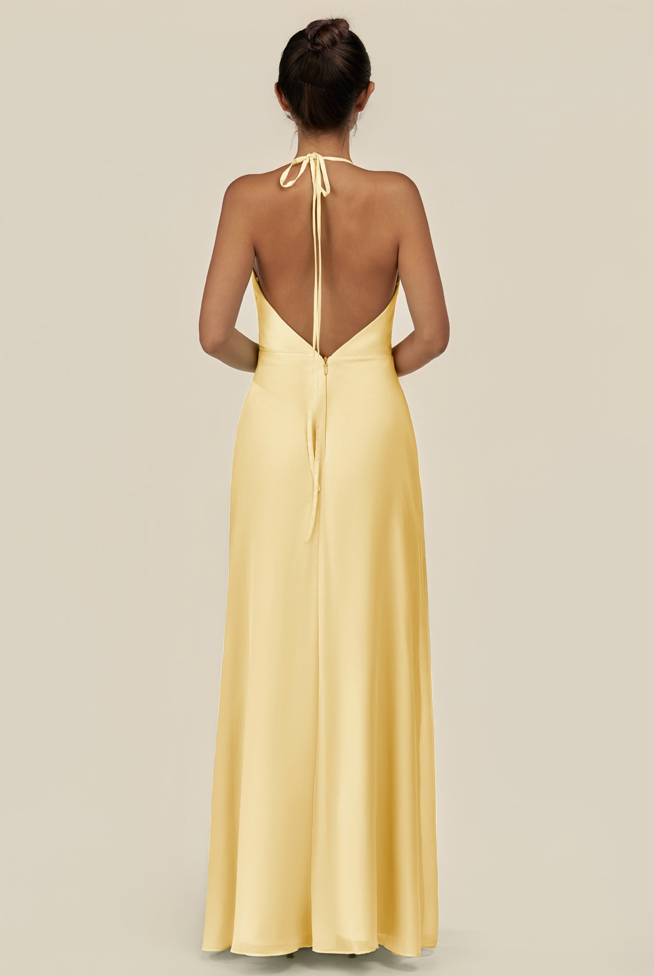 KissDress-Caris Pastel Yellow A Line Chiffon Halter Neck Pleated Long Bridesmaid Dress with Slit
