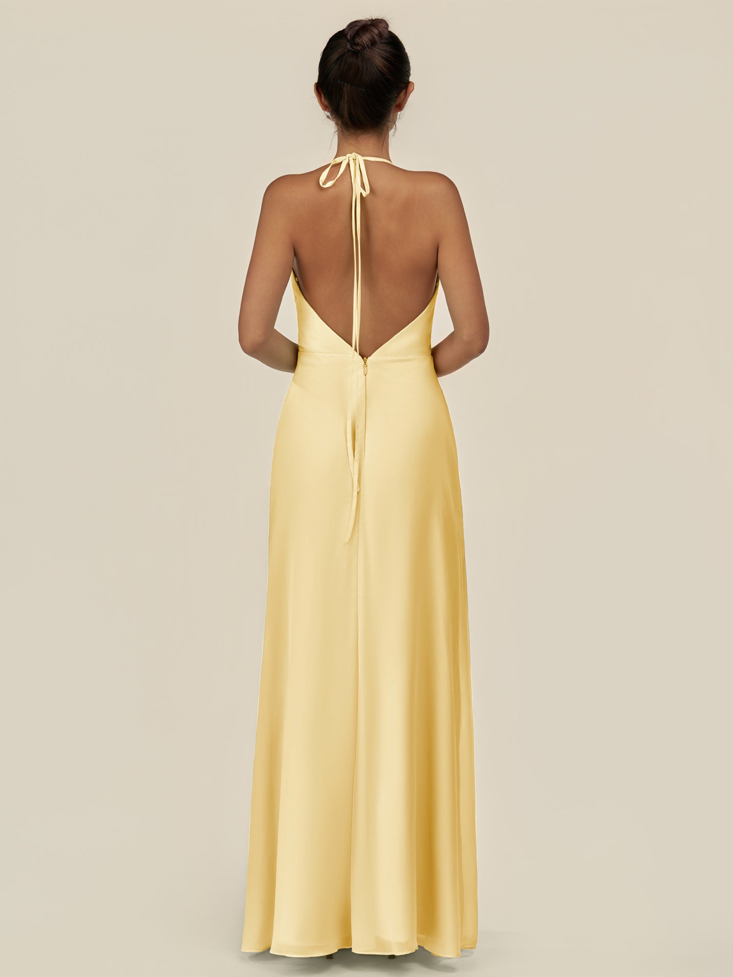 KissDress-Caris Pastel Yellow A Line Chiffon Halter Neck Pleated Long Bridesmaid Dress with Slit