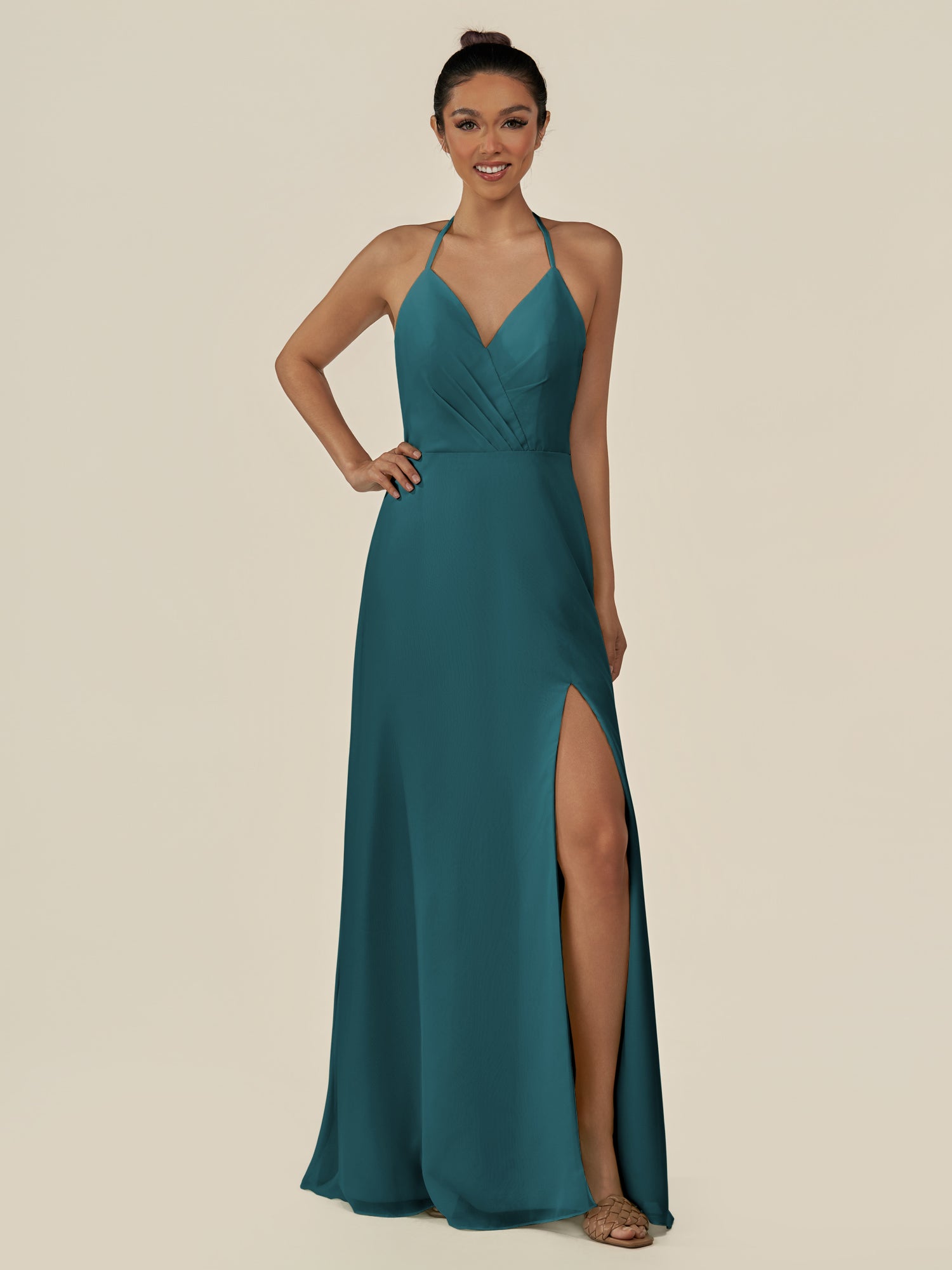 KissDress-Caris Pine A Line Chiffon Halter Neck Pleated Long Bridesmaid Dress with Slit