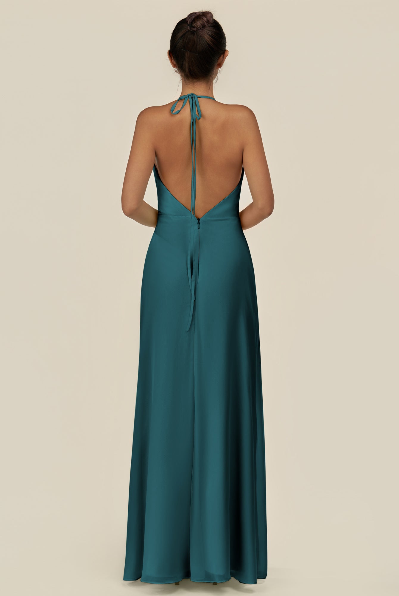 KissDress-Caris Pine A Line Chiffon Halter Neck Pleated Long Bridesmaid Dress with Slit
