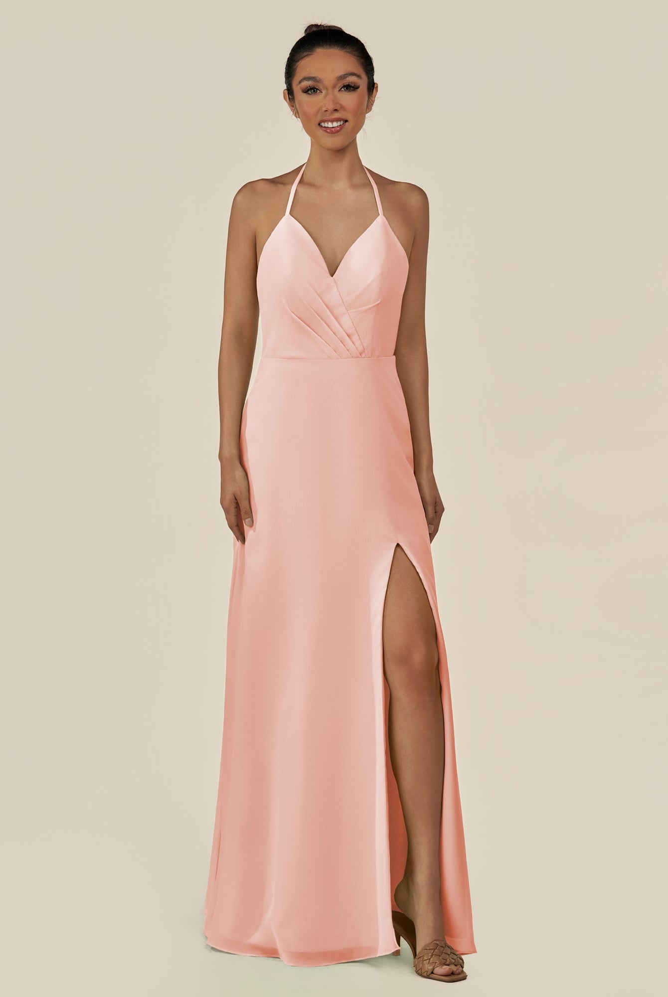 KissDress-Caris Rose Petal A Line Chiffon Halter Neck Pleated Long Bridesmaid Dress with Slit
