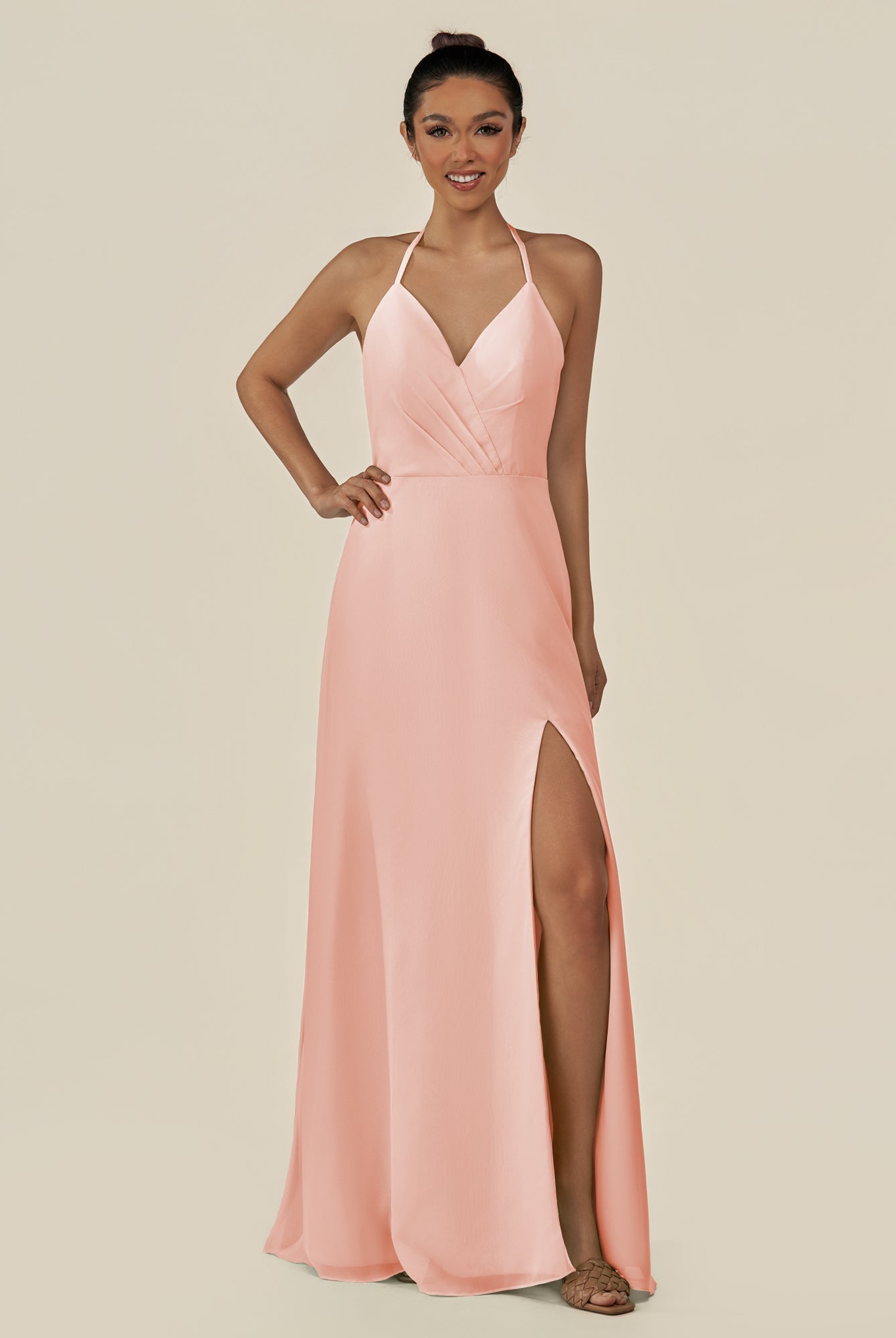 KissDress-Caris Rose Petal A Line Chiffon Halter Neck Pleated Long Bridesmaid Dress with Slit