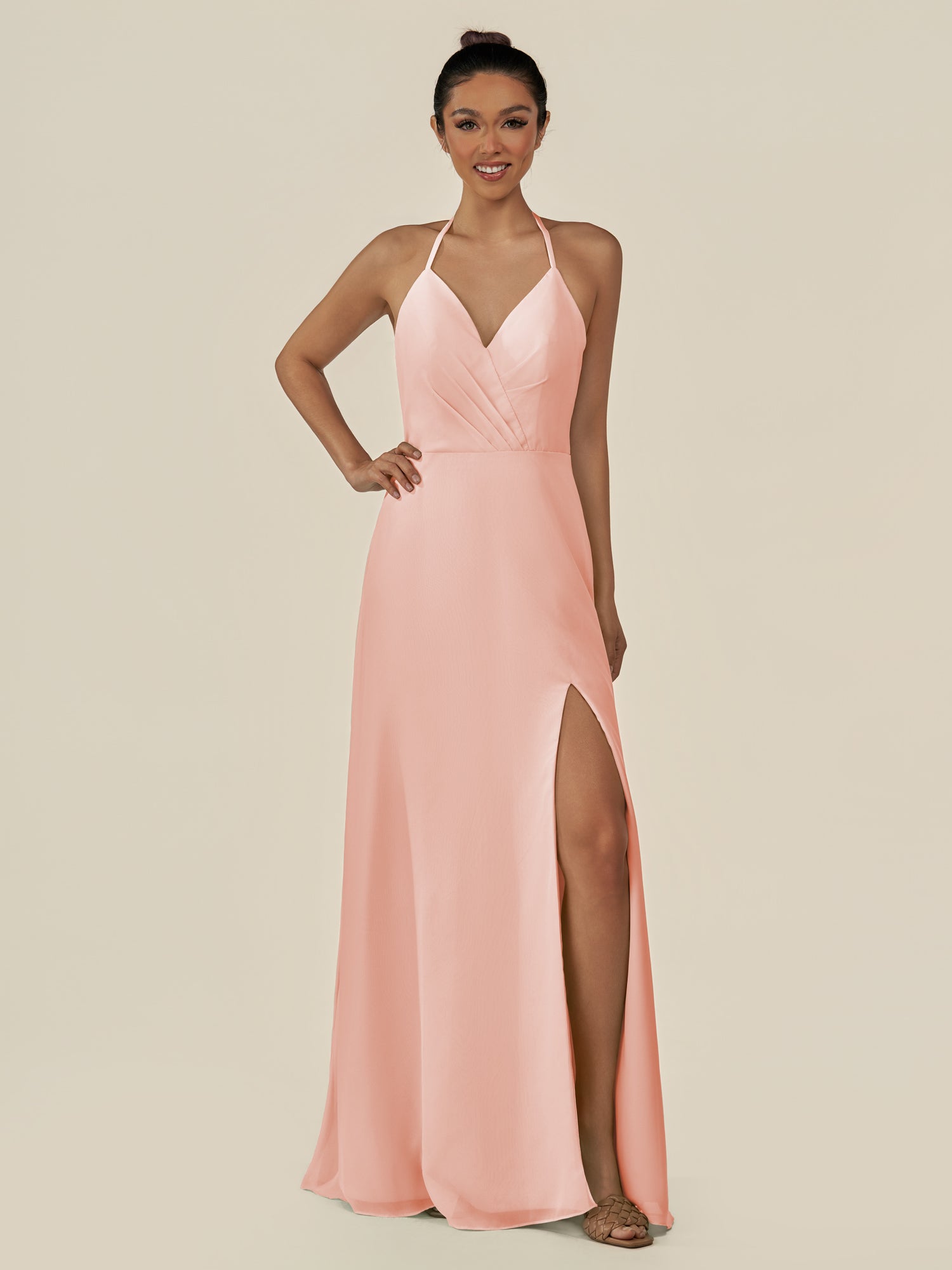 KissDress-Caris Rose Petal A Line Chiffon Halter Neck Pleated Long Bridesmaid Dress with Slit