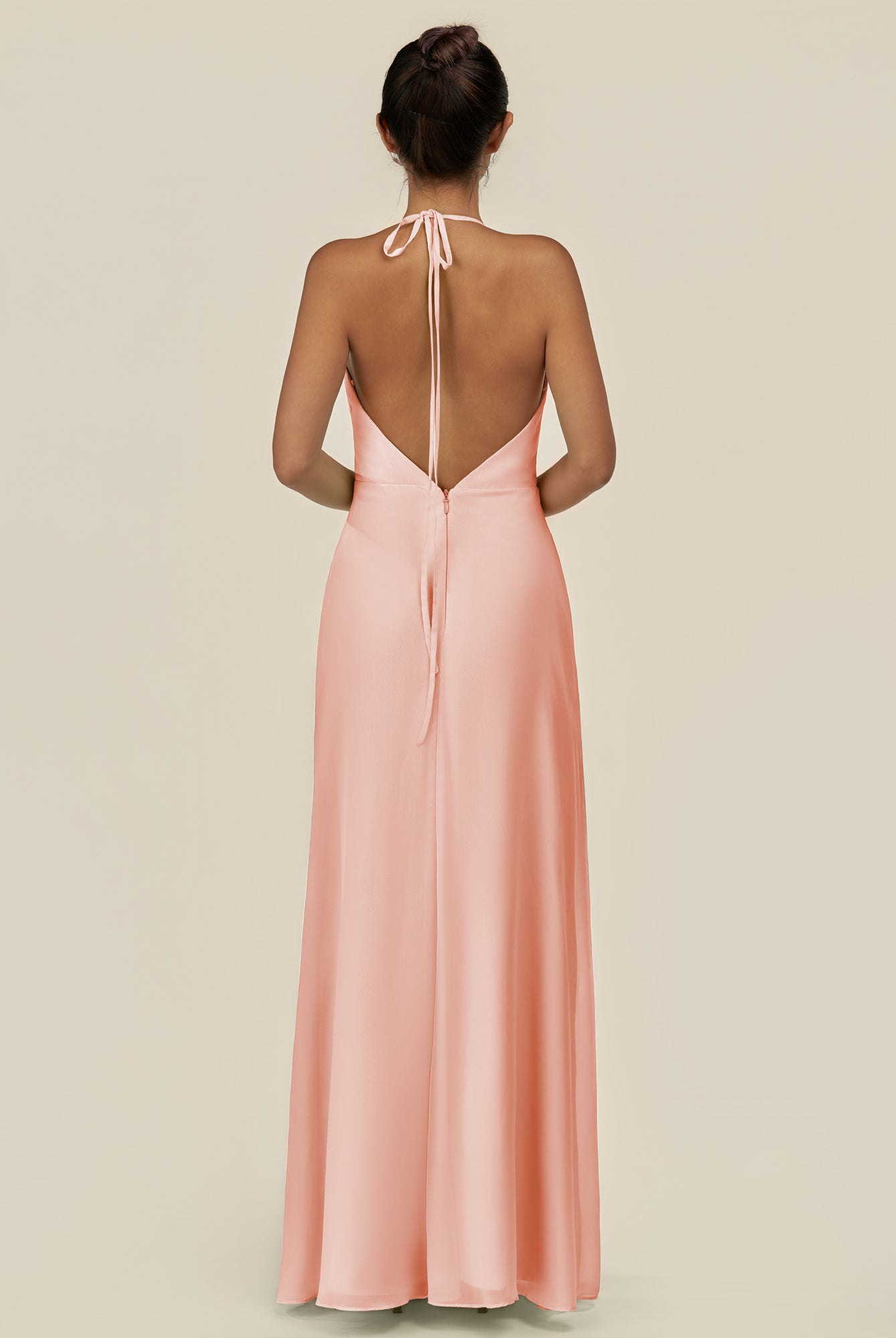 KissDress-Caris Rose Petal A Line Chiffon Halter Neck Pleated Long Bridesmaid Dress with Slit