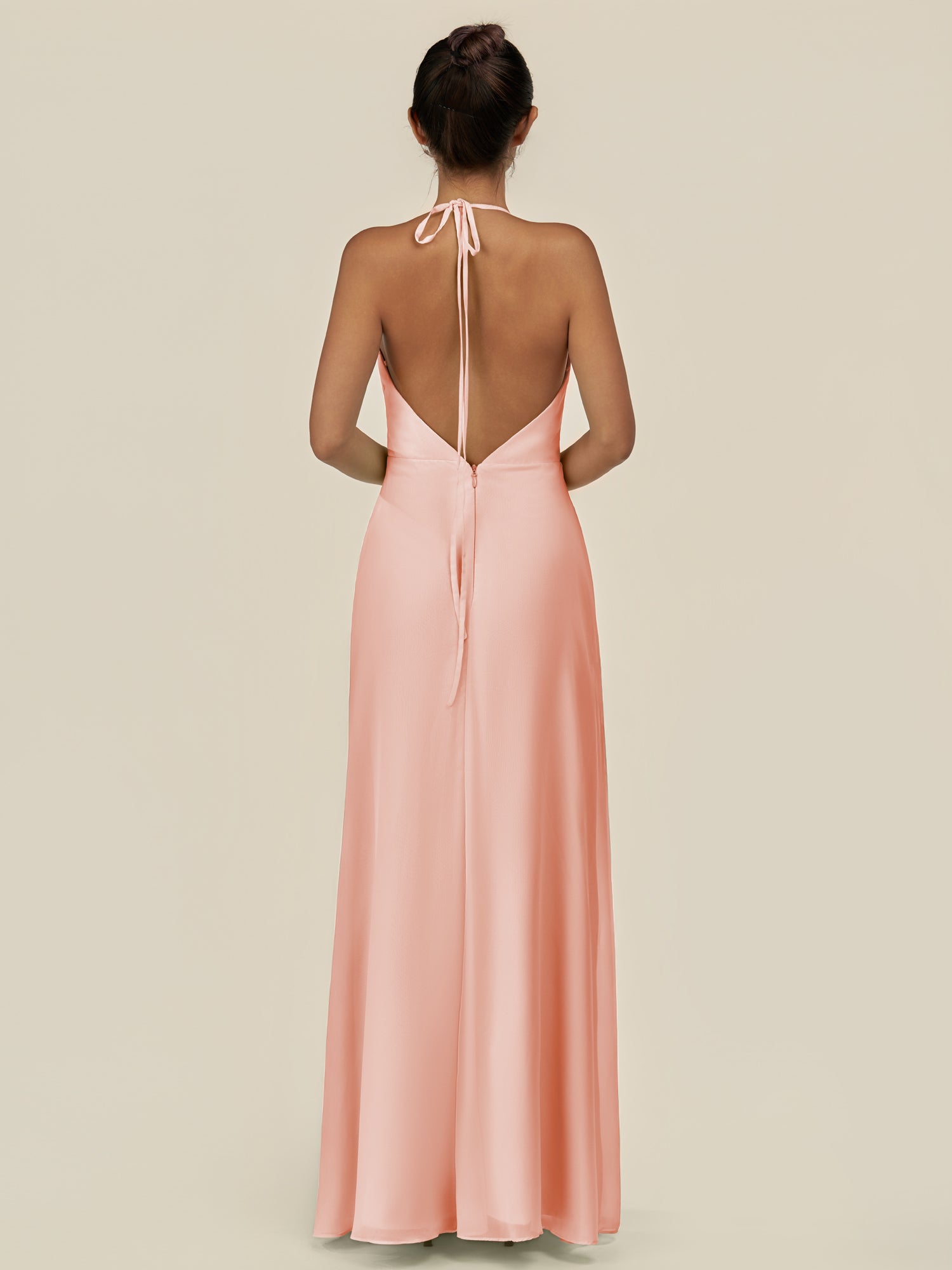 KissDress-Caris Rose Petal A Line Chiffon Halter Neck Pleated Long Bridesmaid Dress with Slit