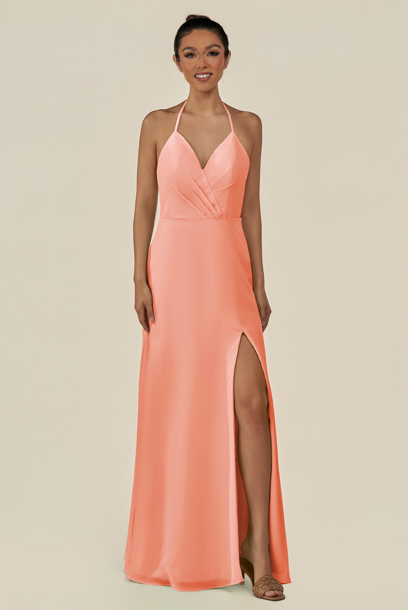 KissDress-Caris Rosette A Line Chiffon Halter Neck Pleated Long Bridesmaid Dress with Slit