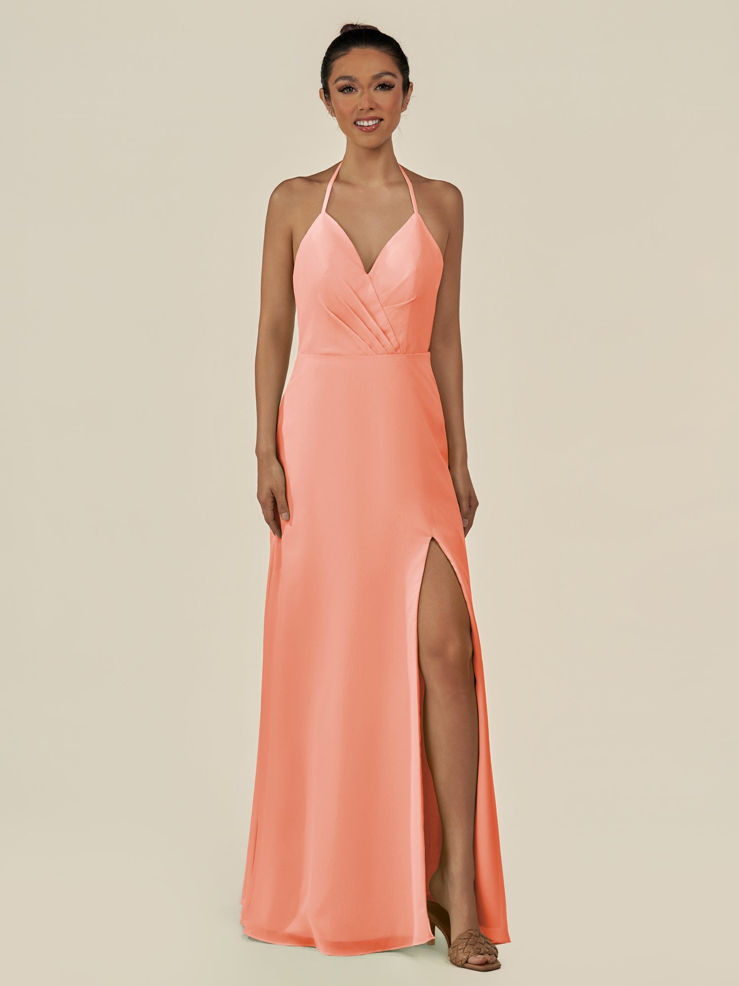 KissDress-Caris Rosette A Line Chiffon Halter Neck Pleated Long Bridesmaid Dress with Slit