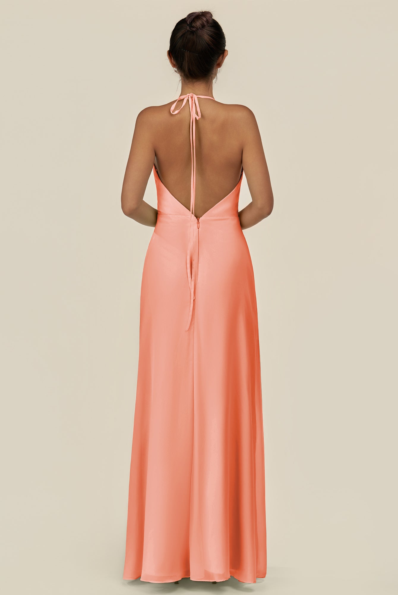 KissDress-Caris Rosette A Line Chiffon Halter Neck Pleated Long Bridesmaid Dress with Slit
