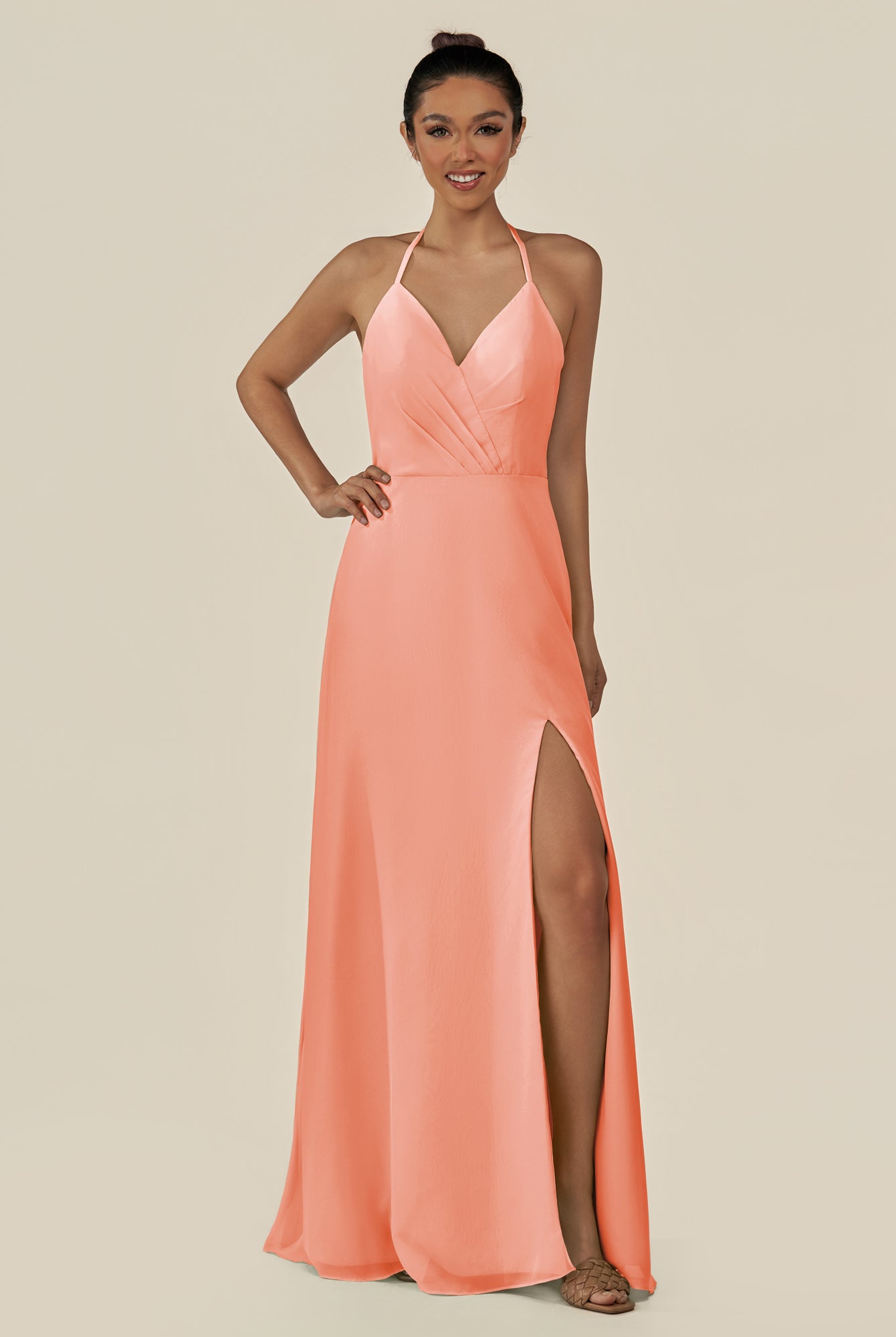 KissDress-Caris Rosette A Line Chiffon Halter Neck Pleated Long Bridesmaid Dress with Slit