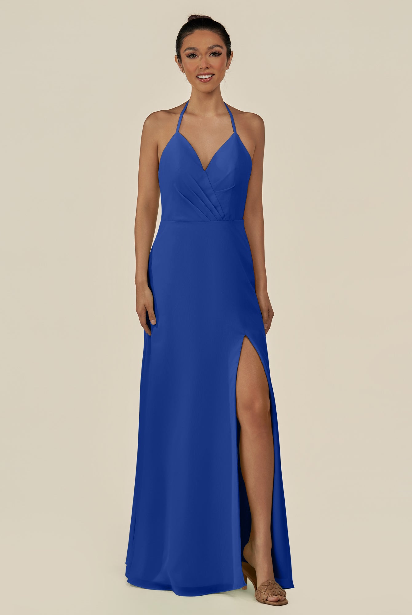 KissDress-Caris Royal Blue A Line Chiffon Halter Neck Pleated Long Bridesmaid Dress with Slit