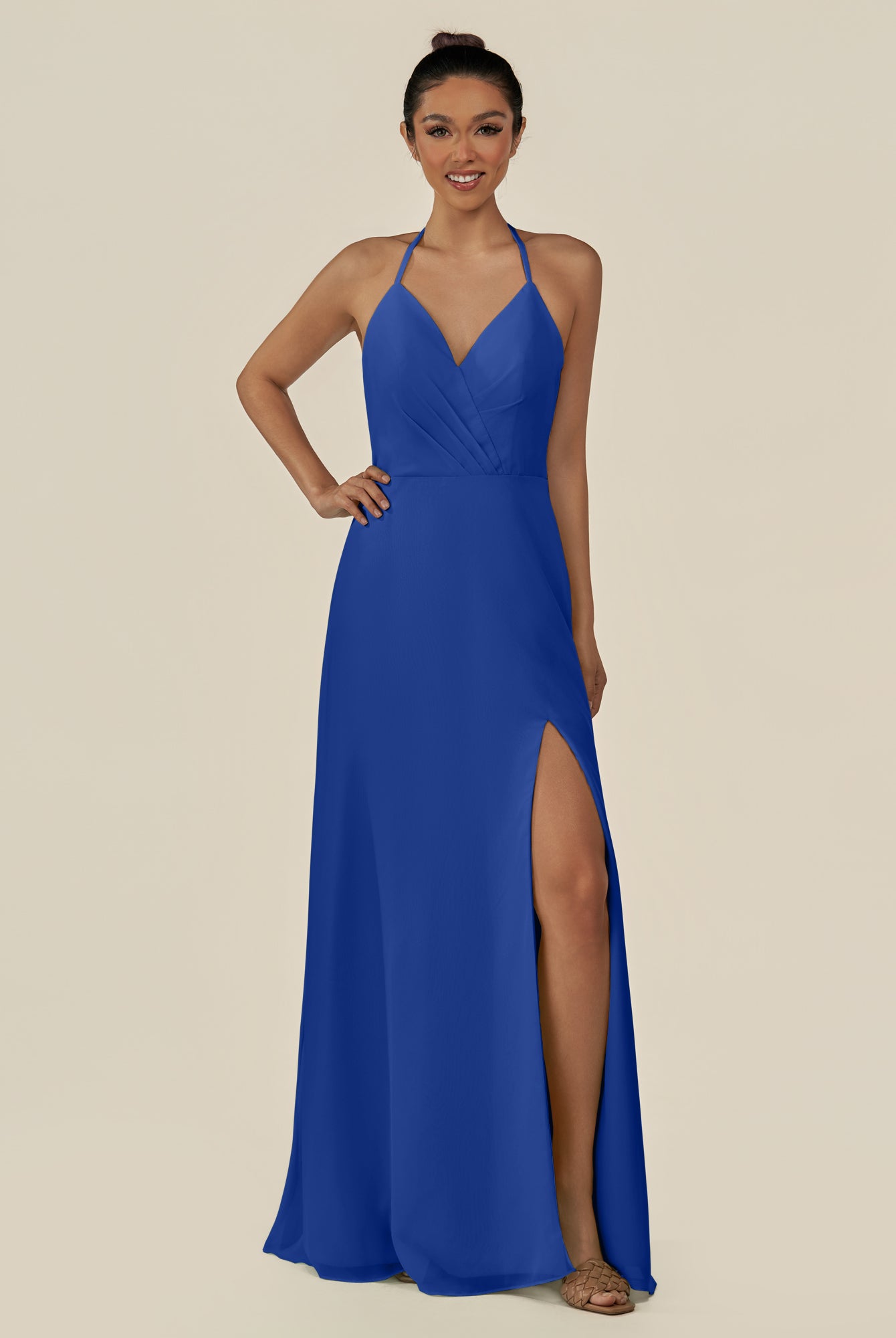 KissDress-Caris Royal Blue A Line Chiffon Halter Neck Pleated Long Bridesmaid Dress with Slit