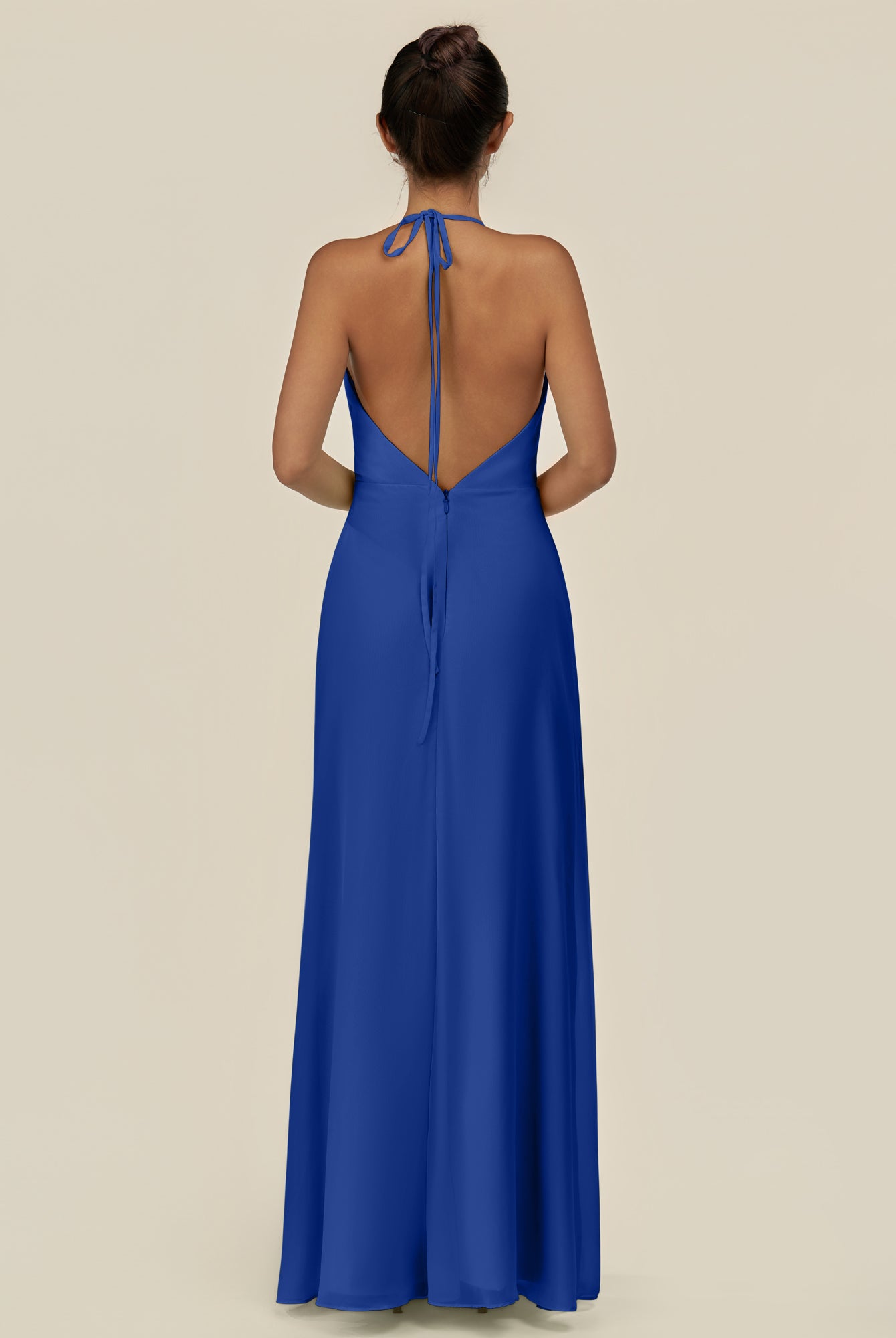 KissDress-Caris Royal Blue A Line Chiffon Halter Neck Pleated Long Bridesmaid Dress with Slit