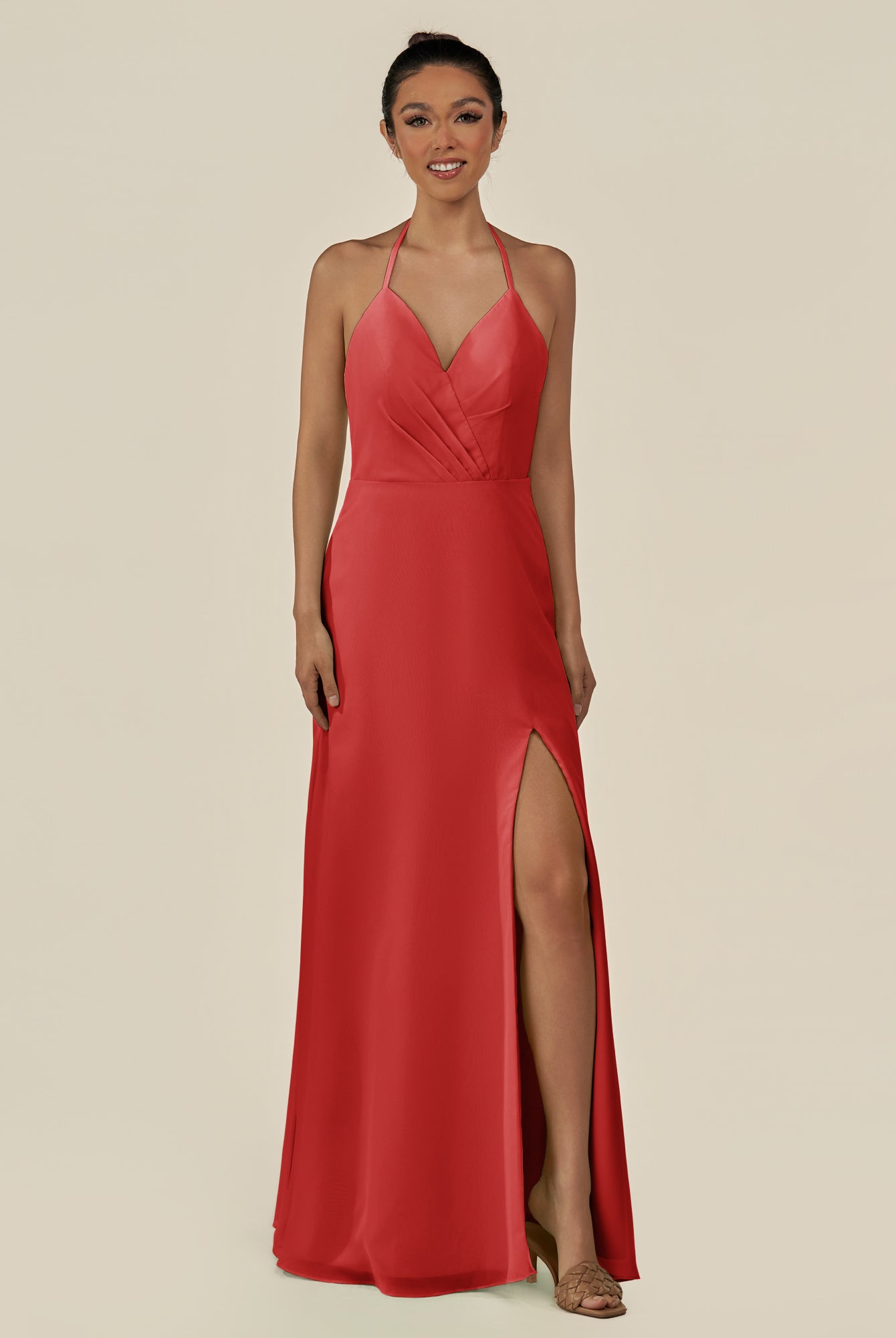KissDress-Caris Ruby Red A Line Chiffon Halter Neck Pleated Long Bridesmaid Dress with Slit
