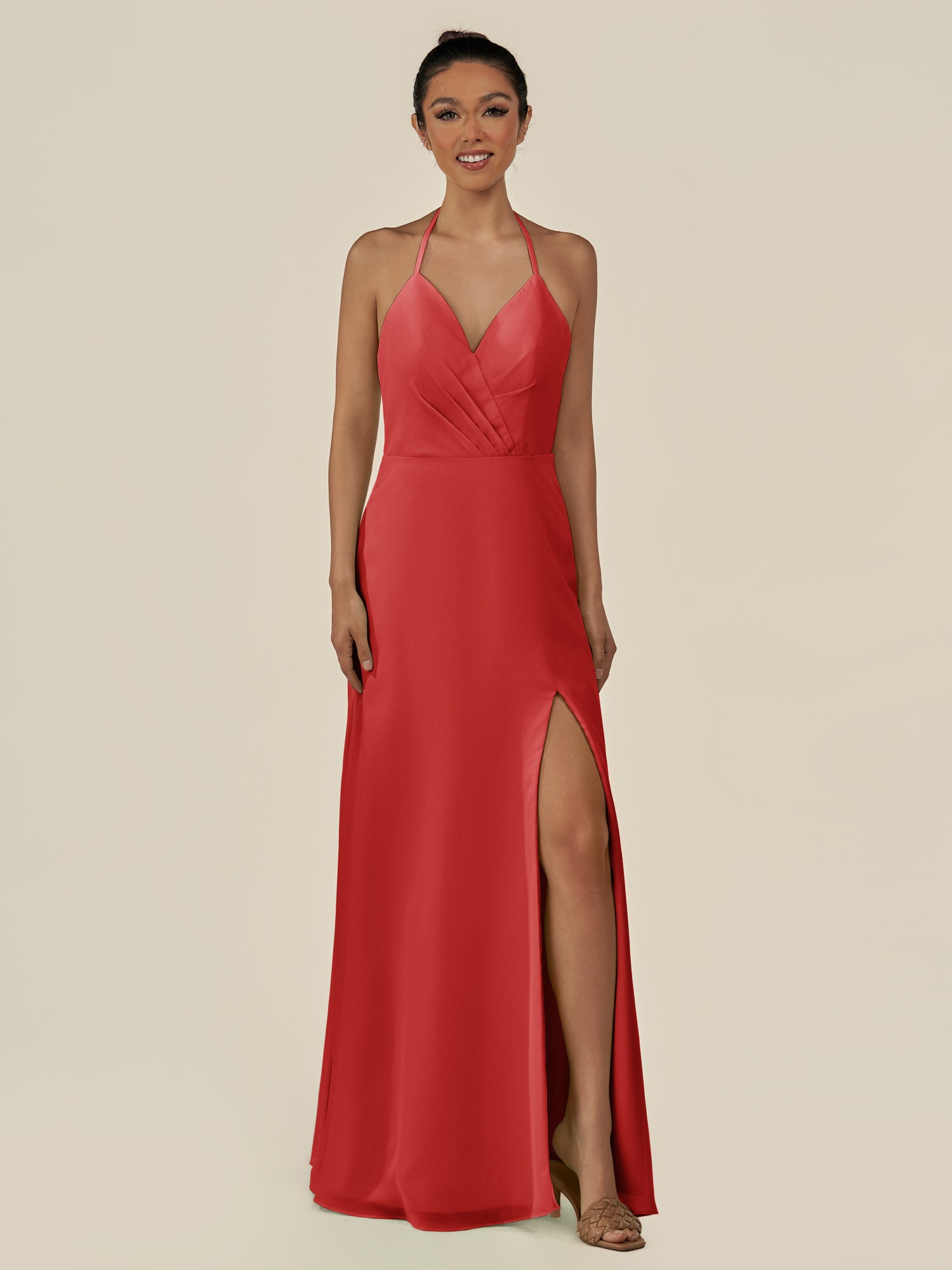 KissDress-Caris Ruby Red A Line Chiffon Halter Neck Pleated Long Bridesmaid Dress with Slit