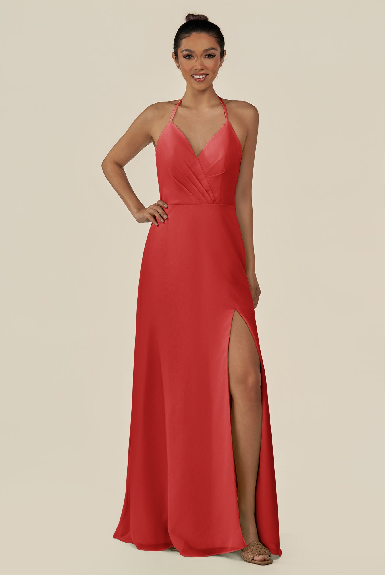 KissDress-Caris Ruby Red A Line Chiffon Halter Neck Pleated Long Bridesmaid Dress with Slit