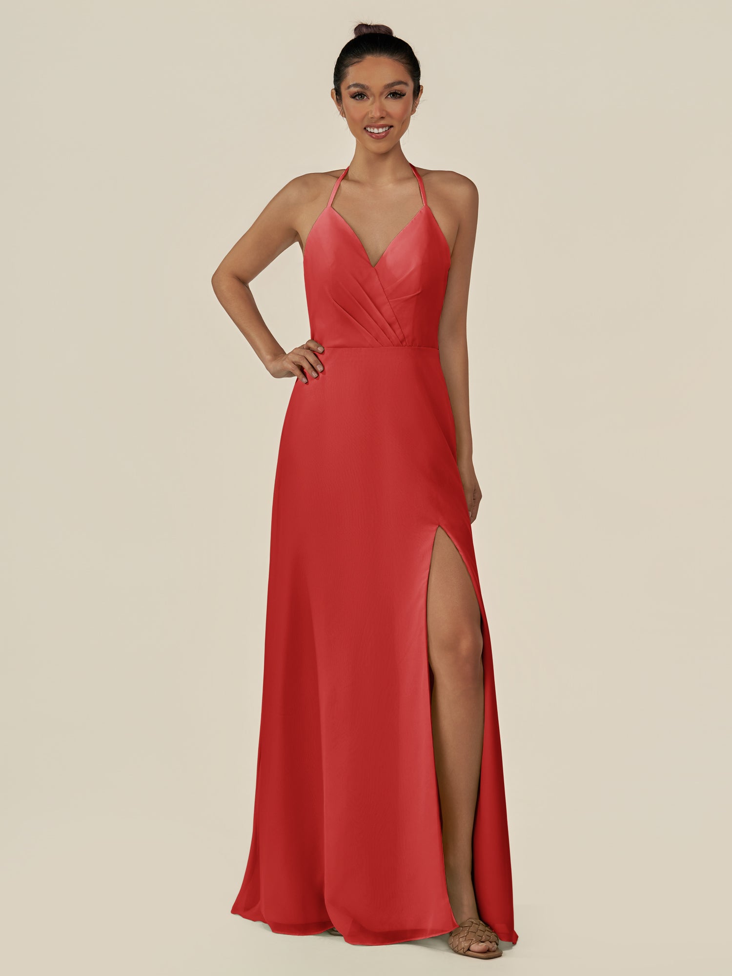 KissDress-Caris Ruby Red A Line Chiffon Halter Neck Pleated Long Bridesmaid Dress with Slit