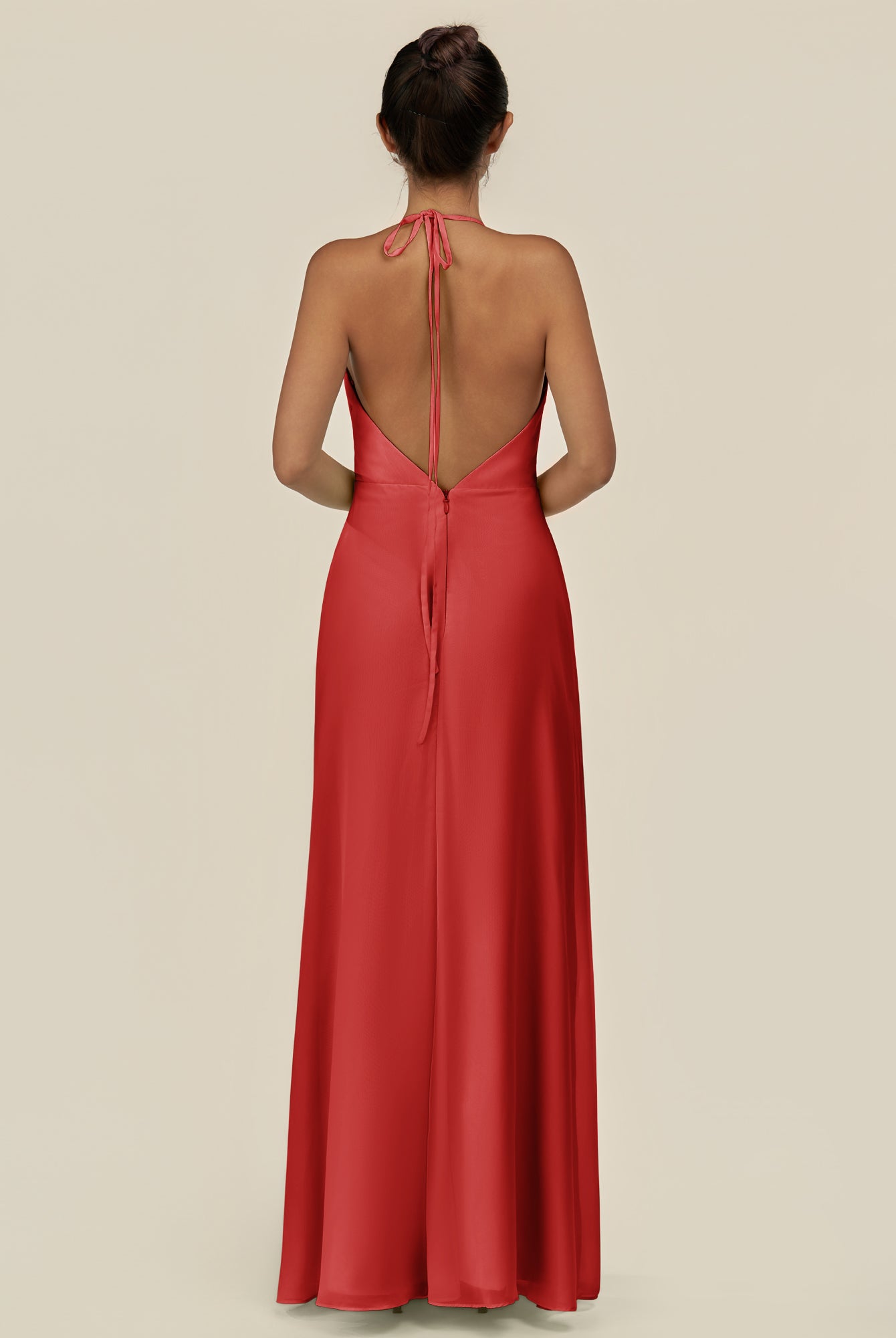 KissDress-Caris Ruby Red A Line Chiffon Halter Neck Pleated Long Bridesmaid Dress with Slit