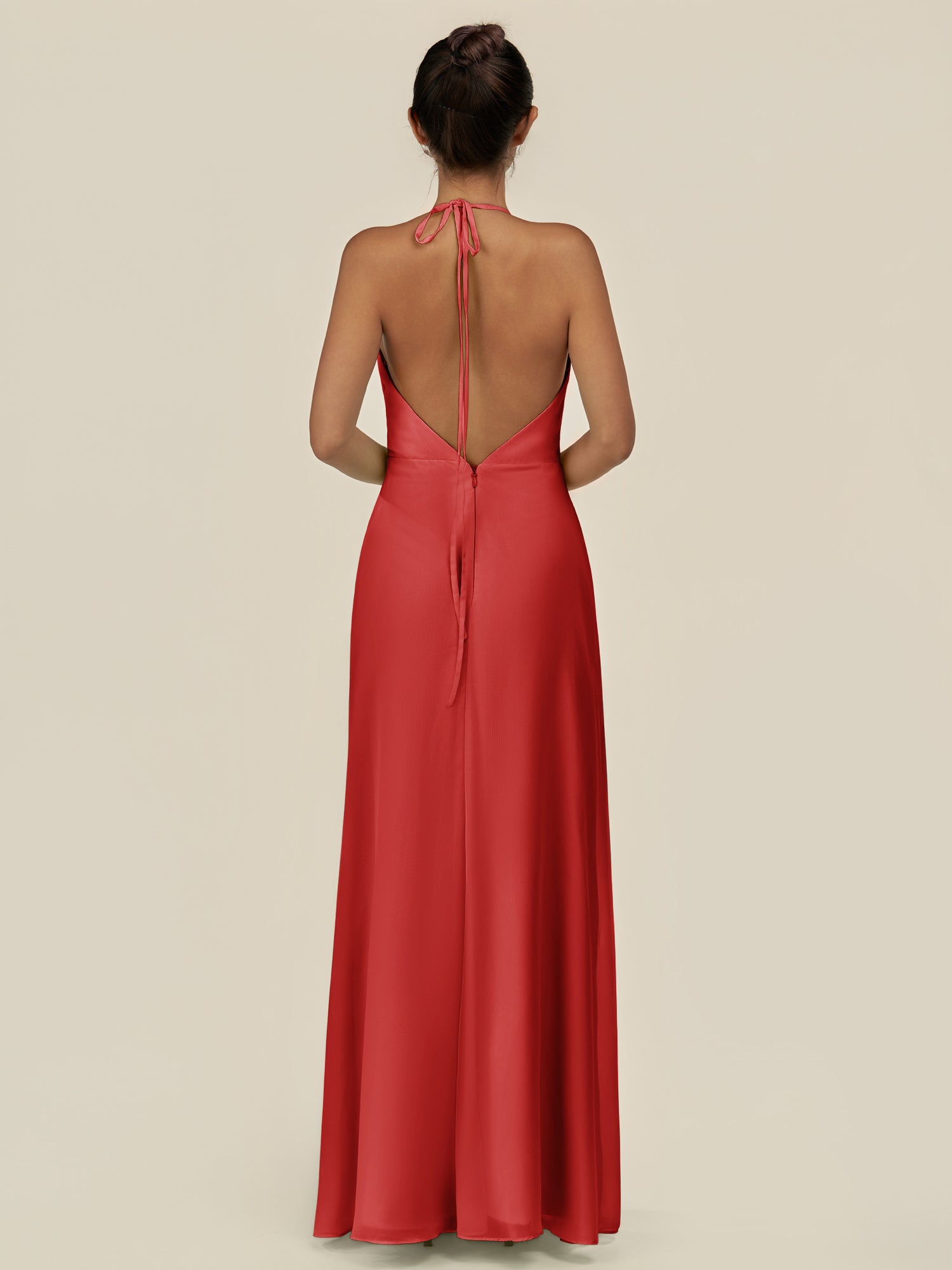 KissDress-Caris Ruby Red A Line Chiffon Halter Neck Pleated Long Bridesmaid Dress with Slit