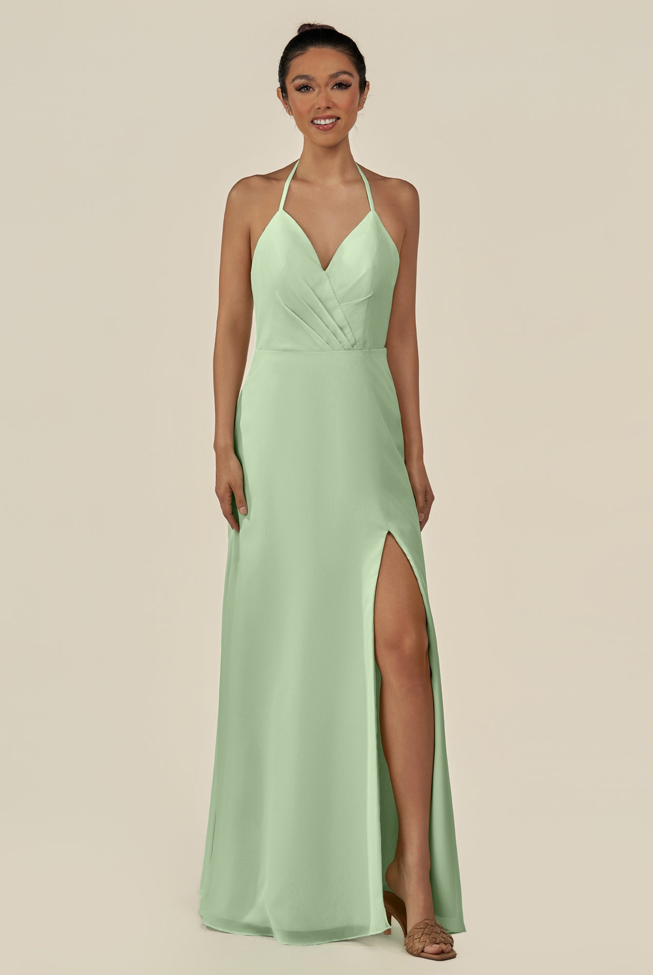 KissDress-Caris Sage A Line Chiffon Halter Neck Pleated Long Bridesmaid Dress with Slit