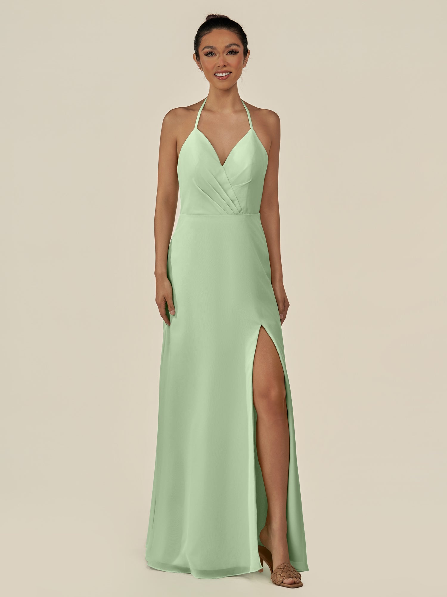 KissDress-Caris Sage A Line Chiffon Halter Neck Pleated Long Bridesmaid Dress with Slit