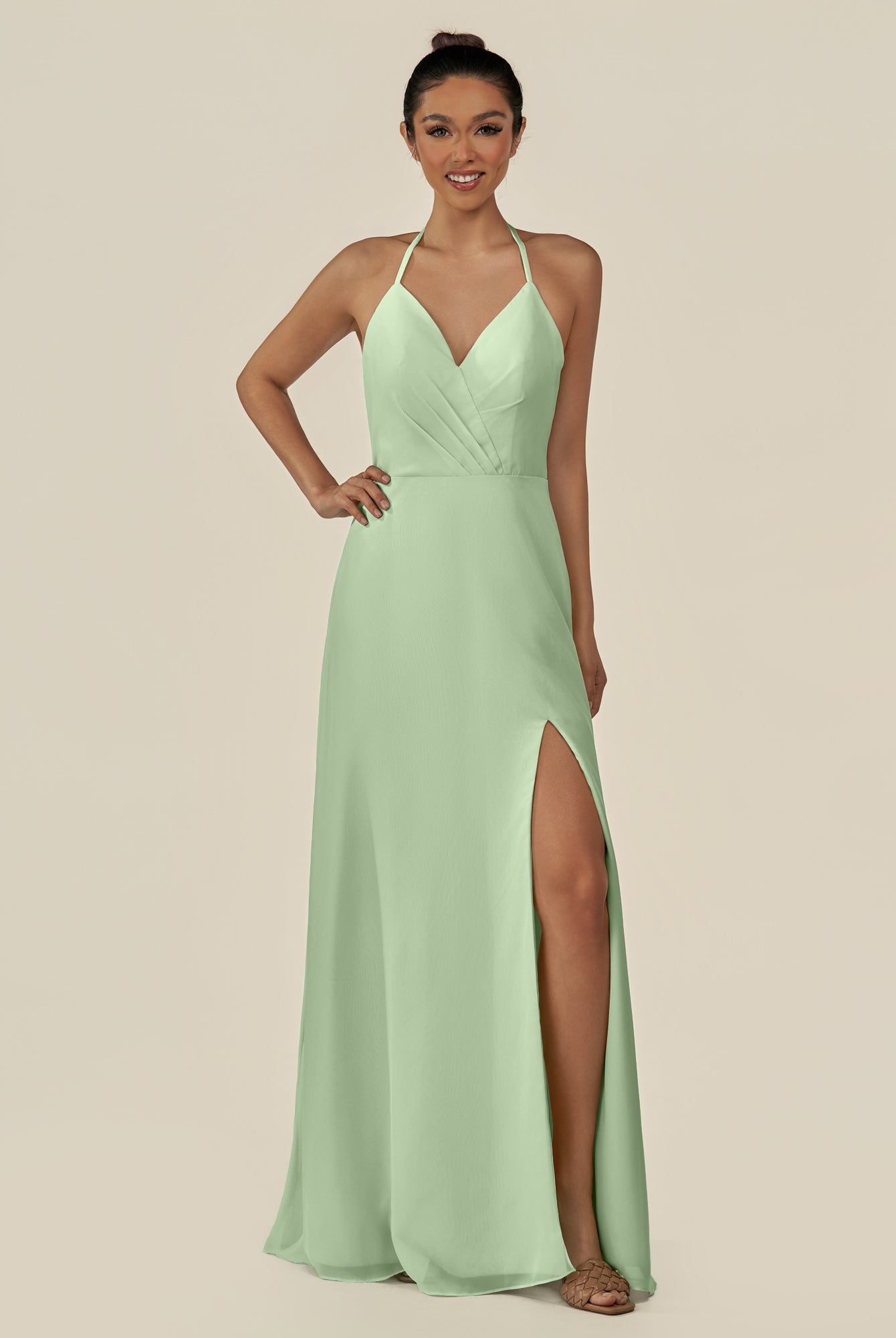 KissDress-Caris Sage A Line Chiffon Halter Neck Pleated Long Bridesmaid Dress with Slit