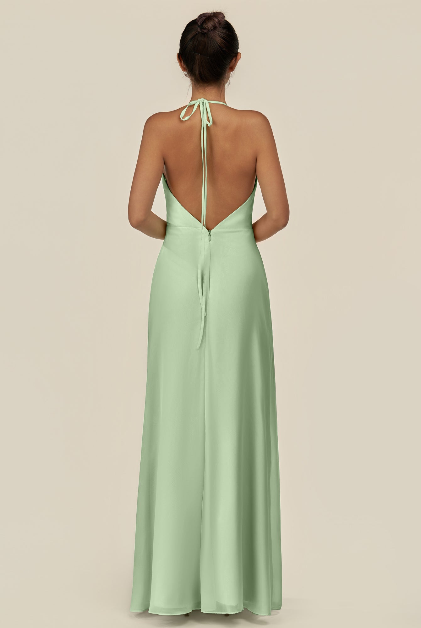 KissDress-Caris Sage A Line Chiffon Halter Neck Pleated Long Bridesmaid Dress with Slit