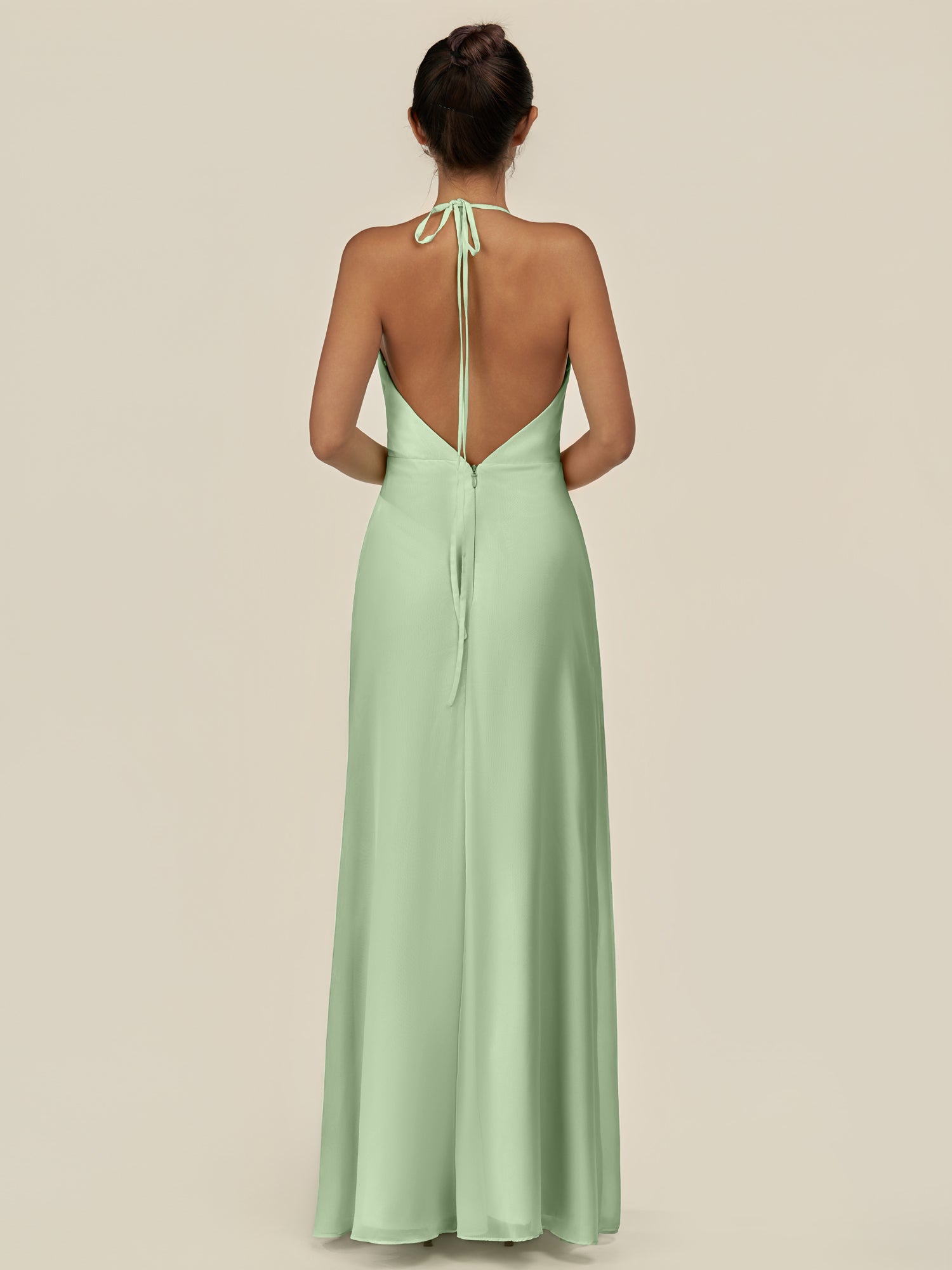 KissDress-Caris Sage A Line Chiffon Halter Neck Pleated Long Bridesmaid Dress with Slit