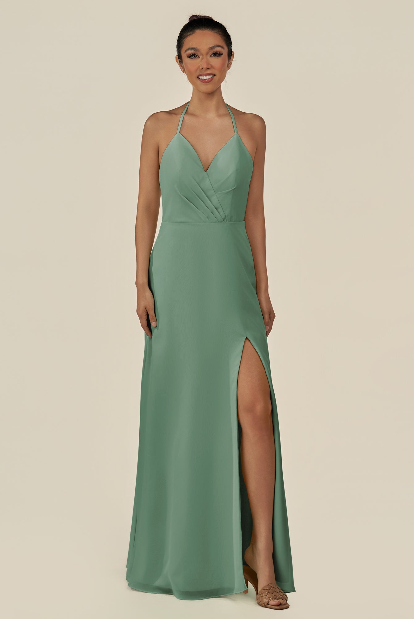 KissDress-Caris Sea Glass A Line Chiffon Halter Neck Pleated Long Bridesmaid Dress with Slit